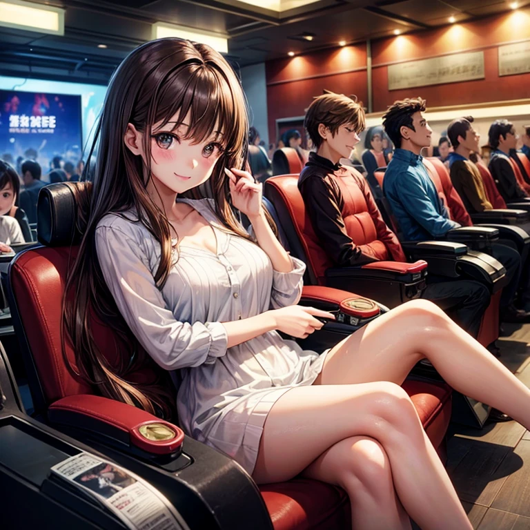 anime、beautiful girl、brown hair、black eyes shine、movie theatre、Seats、smile、beautiful breasts、