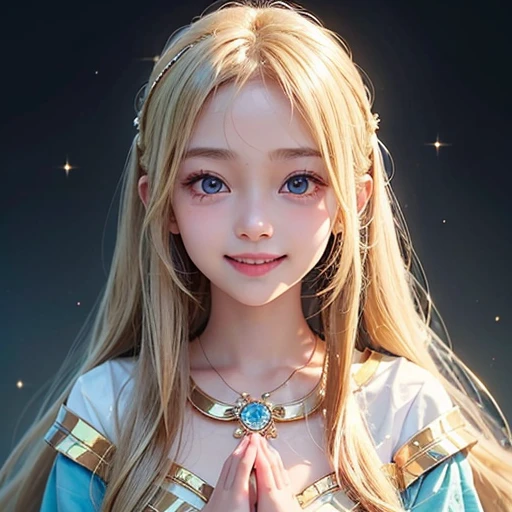 one very beautiful cute young girl、10 years old、((very happy smile ))、Embarrassed blush、Beautiful very long shiny blonde straight hair with golden shine、Shiny and very beautiful pure white skin、Very beautiful and cute pale blue detailed eyes、shiny skin、 Very beautiful cute face、Beautiful cute bright look、Clear double eyelids、beautiful cute big eyes、A perfectly balanced face