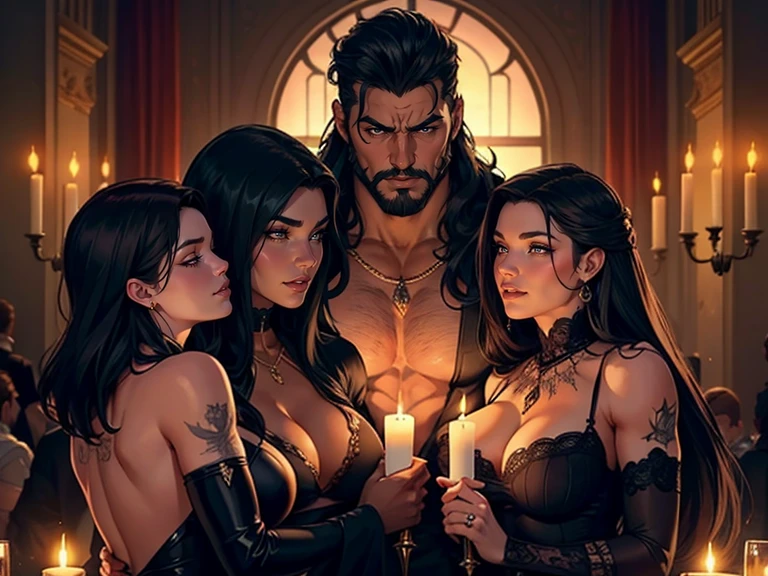 One Handsome short-haired tall huge barbarian beefy muscular Chad in center-of-composition hugging five beautiful bitches tackling him and touching him and feeling him and snuggling him, dressed like goth punk witches, perfect bodies with nice asses, women: very long flowing hair, flowers in hair, seductive, tattoos, ornate materials, jewelry, 8k photography, raytracing, photorealistic, masterpiece, in love, grins, perfect faces, Flirtatious, setting: a decorated dark neon Halloween party in a fancy castle, dark except for candle light, harem, watercolor, racially diverse, kissing each other, adoration, worship,