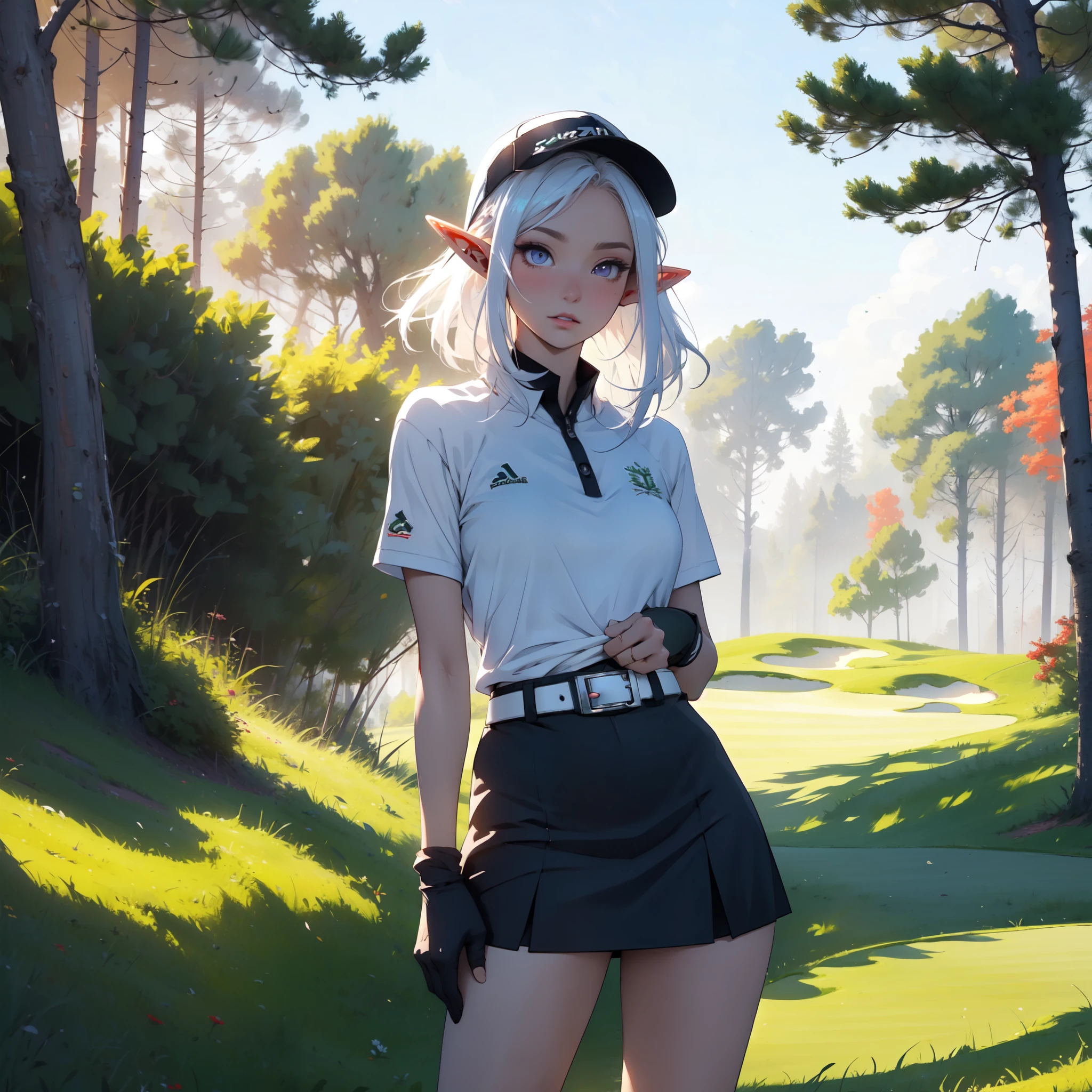 ((masterpiece)), (top quality), (best quality), ((ultra-detailed, 8k quality)), Cinematic lighting, soft semi-backlit light, (detailed line art), absurdres, (best composition), (high-resolution), Aesthetics,
BREAK,
(elf female), (detailed outfit), (20 years old), golfer, content, focused, (contrapposto), golf shirt, golf skirt, (golf visor cap), golf glove, golf shoes, sweat, atmospheric perspective,
BREAK,
(background, from front, outdoor, golf course, sand trap, trees, flag, morning, clear), cinematic dramatic atmosphere,
BREAK,
highly detailed of ((elf:1.4)), (1girl), solo, perfect face, details eye, ahoge, ponytail, (white shining hair:1.2), (forehead), medium hair, [[floating hair]], violet eyes, shining eyes, (beautiful detailed eyelashes, eyeshadow, pink eyeshadow), Concept art by Mikimoto Haruhiko, by Kawacy, By Yoshitaka Amano,
BREAK, 
((perfect anatomy)), (perfect body), Abs, (medium breast), perfect hands, perfect face, beautiful face, beautiful eyes, perfect eyes, (perfect fingers, deatailed fingers), correct anatomy, perfect legs, skinny, 
