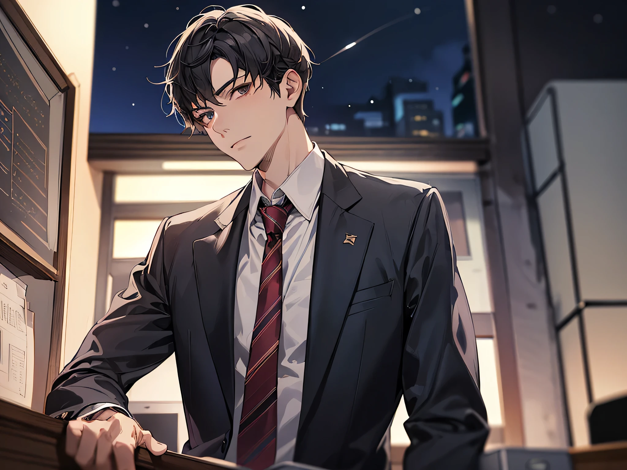 老け顔,ビューアーにカベドン,((close up)),dramatic angle,masterpiece,shoot from below, upper body shot, business Suit,tie,man,solo,(40-year-old),Black top, short hair,looking at viewer,office,(night