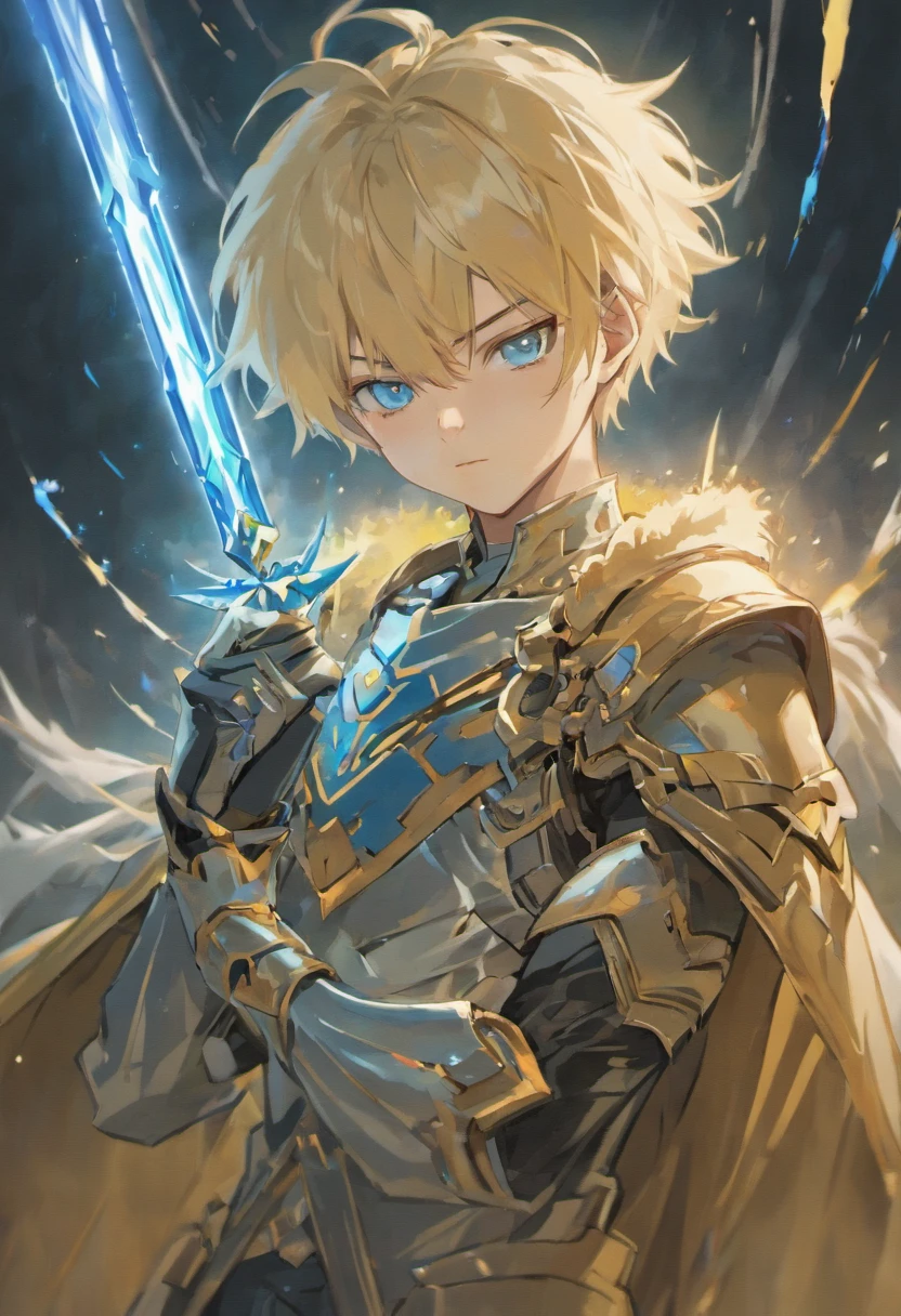 Wallpaper phone，8K quality，Exquisite facial features，exquisite eyes，best quality，full body portrait，anime characters，A 12-year-old boy，handsome boy，Holding a blue shining sword on the hilt, The sword is fixed to the ground in its resting position, Wearing silver light armor all over, pair of gloves, The crotch is bigger（2.0），blonde short hair, Upper body, male face, Cold and violent features, detailed facial features, high quality, masterpiece, blue eyes, Lightning in the background, anime art style，128Kultra high definition, 128K ultra high quality, 128K ultra high resolution, 128K resolution, Super detailed, super quality, ultra high definition, Perfect details, Perfect design, masterpiece, 1 boy, Handsome, white hair, wear earrings,  Site background,