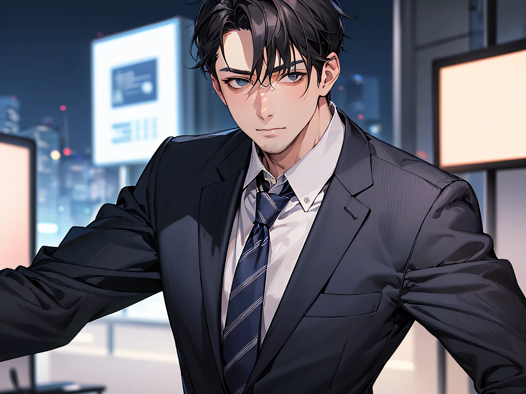 middle aged male,ビューアーにカベドン,((close up)),dramatic angle,masterpiece,shoot from below, upper body shot, business Suit,tie,man,solo,(40-year-old),Black top, short hair,looking at viewer,office,(night)