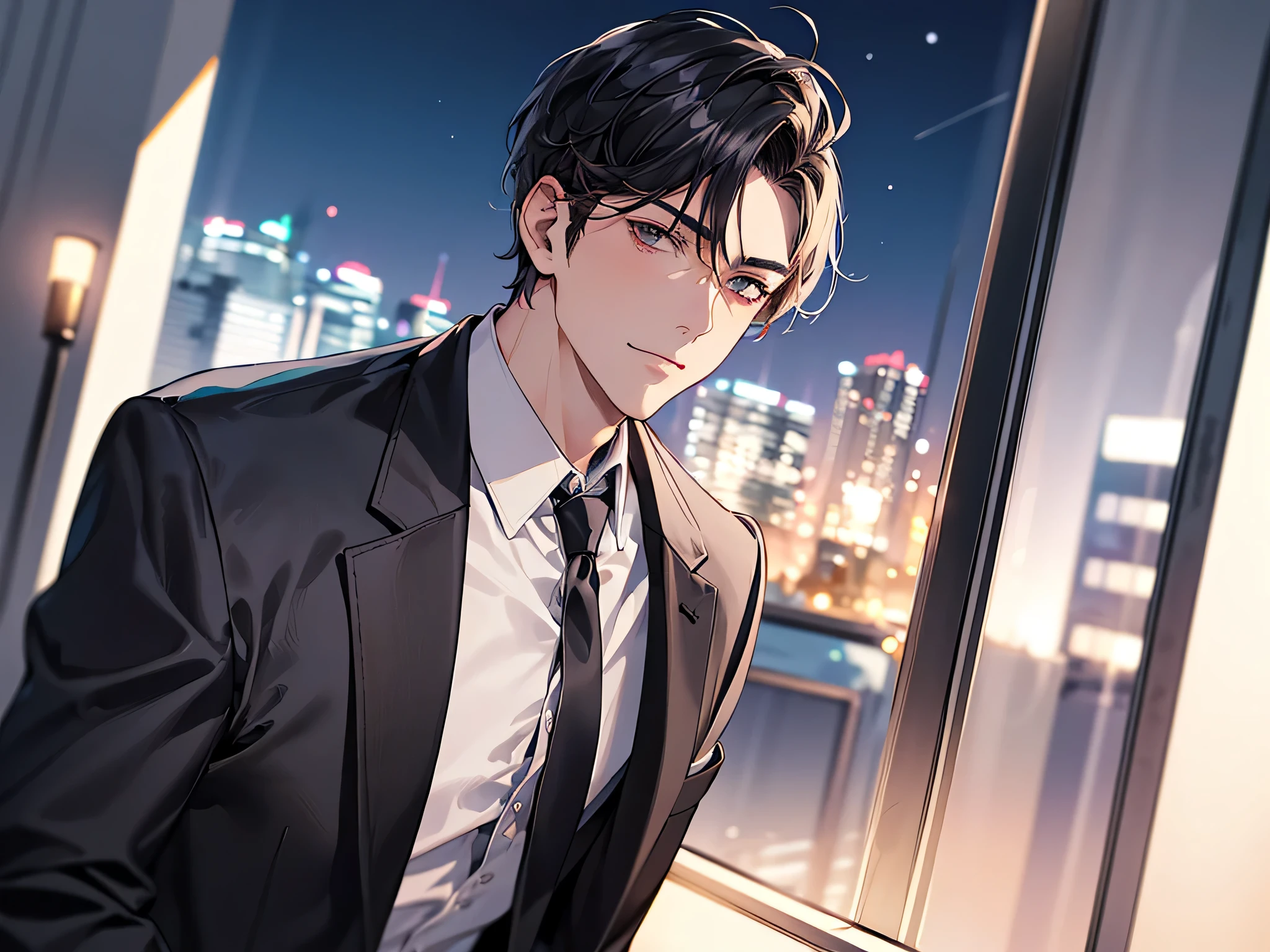 middle aged male,ビューアーにカベドン,((close up)),dramatic angle,masterpiece,shoot from below, upper body shot, business Suit,tie,man,solo,(40-year-old),Black top, short hair,looking at viewer,office,(night)