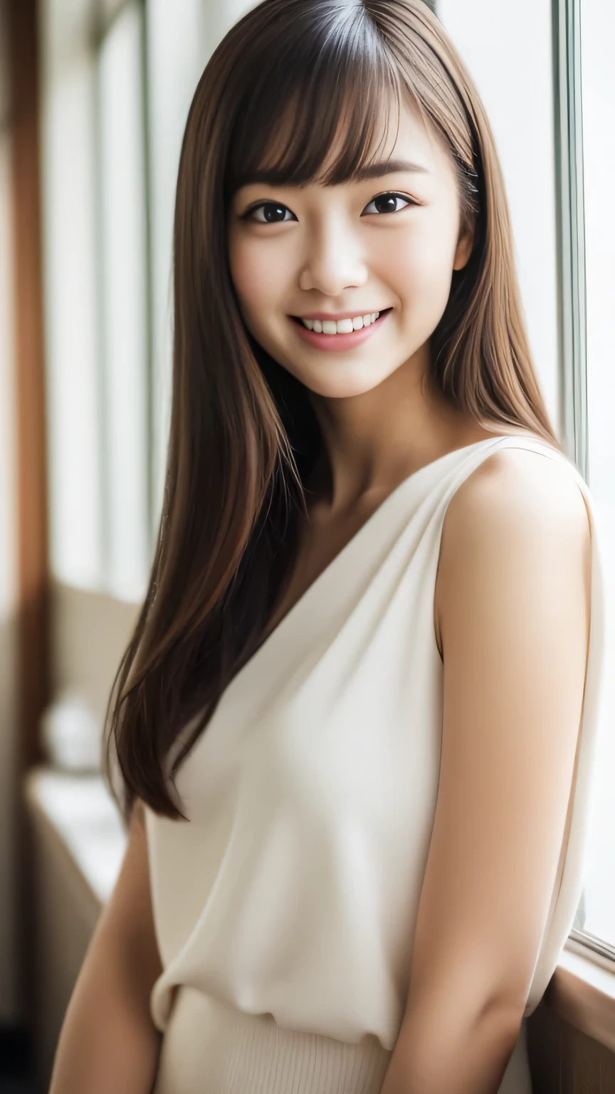 The face is a hostess、White Business Shirt、By the window of a high-rise building、hiquality、A hyper-realistic、healthy、Smiling expression、Slender perfect figure、Japan beauties、beautidful eyes、face perfect、Beautiful skin、portlate