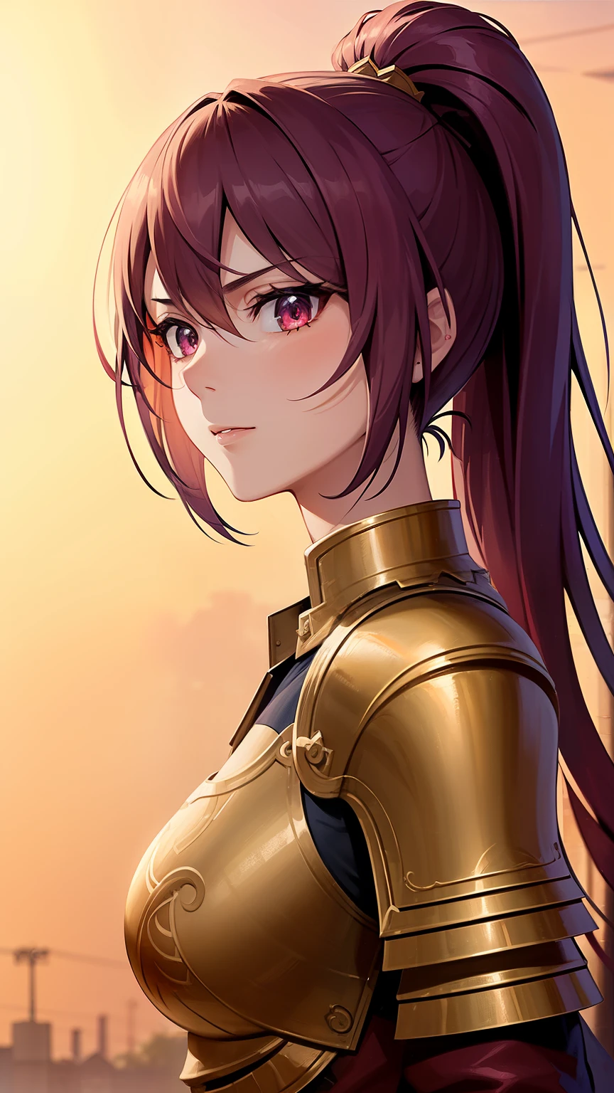 (high-quality, breathtaking),(expressive eyes, perfect face) 1girl, female, adult, solo, long length hair, purple hair, multicolored hair, blue highlights in hair, red eyes, serious expression, Gold Armor, Red trim, space background, red undershirt clothes, upper body, gorgeous hair, portrait, ponytail, warrior, stoic soldier, fully plated armor, age 60's, gold pplate armor,
