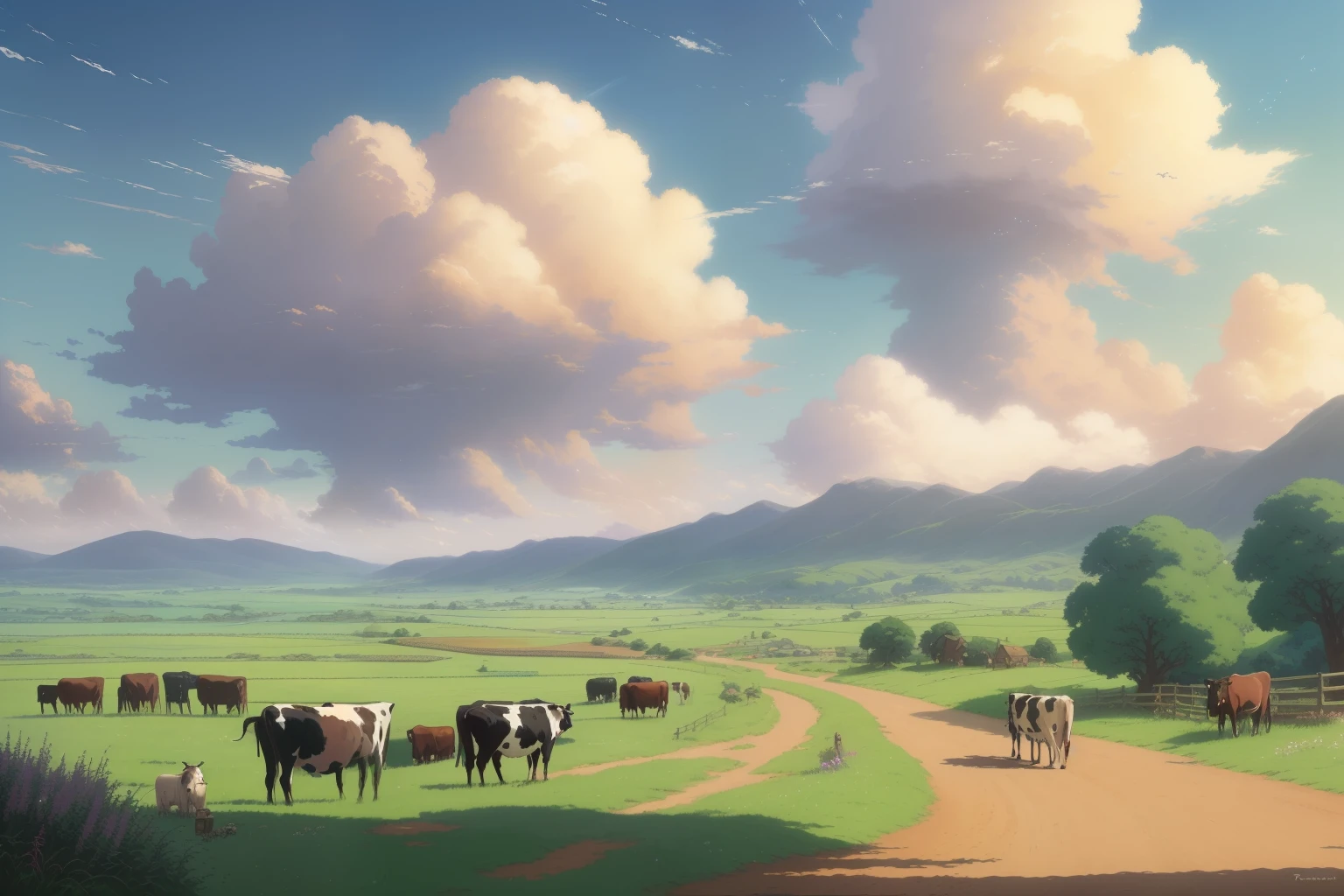 There is a picture of a dirt road with cows in the distance., Beautiful oil matte paint, Ultra-realistic clouds, wlop and Rados, Rados!!!, Rados!, studio ghibli sky, photorealistic landscape, Rados and thomas kinkade, surreal landscape, studio ghibli landscape, huge clouds, anime countryside landscape, by Raz