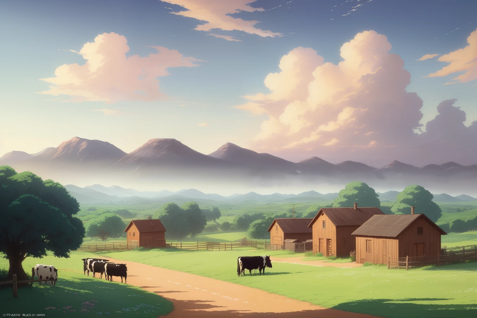 There is a picture of a dirt road with cows in the distance., Beautiful oil matte paint, Ultra-realistic clouds, wlop and Rados, Rados!!!, Rados!, studio ghibli sky, photorealistic landscape, Rados and thomas kinkade, surreal landscape, studio ghibli landscape, huge clouds, anime countryside landscape, by Raz