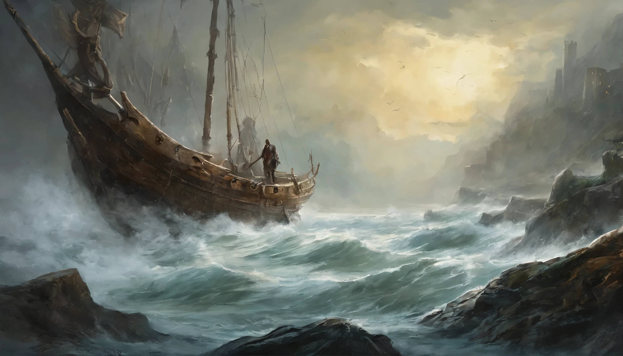 The waves lashed fiercely against the bow of the drakkar. Harald, a brave Viking warrior, led his towards the unknown shores. The mist hung over them, in the distance you can see the silhouette of an ancient fortress, a place shrouded in mystery and shadows. fantasy book cover, dark fantasy novel cover art, fantasy book cover painting, young adult dark fantasy novel cover, novel cover art for a bookArt by Yoji Shinkawa, symmetric circular iris, approaching perfection, pure form, minimalistic, isometric, concept art by Brian Froud, by Carne Griffiths, by Wadim Kashin, by John William Waterhouse, intricate details, 8k post production, high resolution, TanvirTamim, hyperdetailed, trending on artstation, sharp focus, studio photo, intricate details, highly detailed, by greg rutkowski