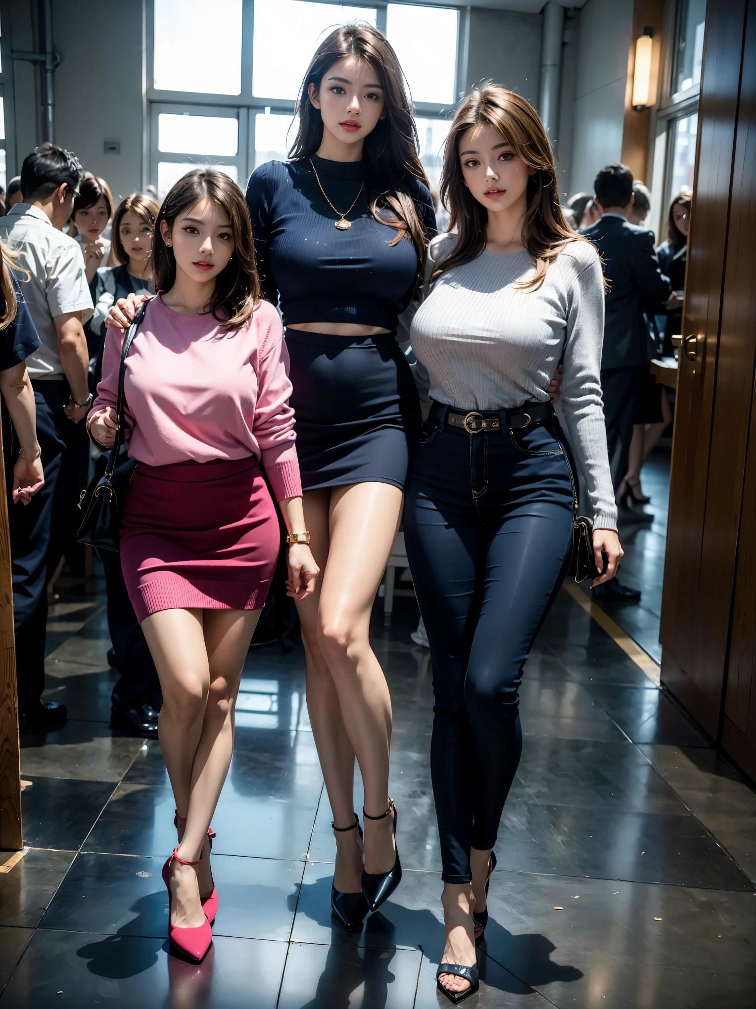 (Best Quality, Masterpiece, Photo realistic, Ultra Detailed, ultra high res, raw:1.3), (5 girls+, group shot:1.2), beautiful, Japanese, mature, 28yo, office workers, ({gold| silver| wine red| blue| navy| pink} clothes:1.3), (tight knit sweater, mile), long hair, (bangs), high-waist, necklace, (at IT office), (long legs, high heels, full body:1.2), (big breasts:1.3), (crowd)