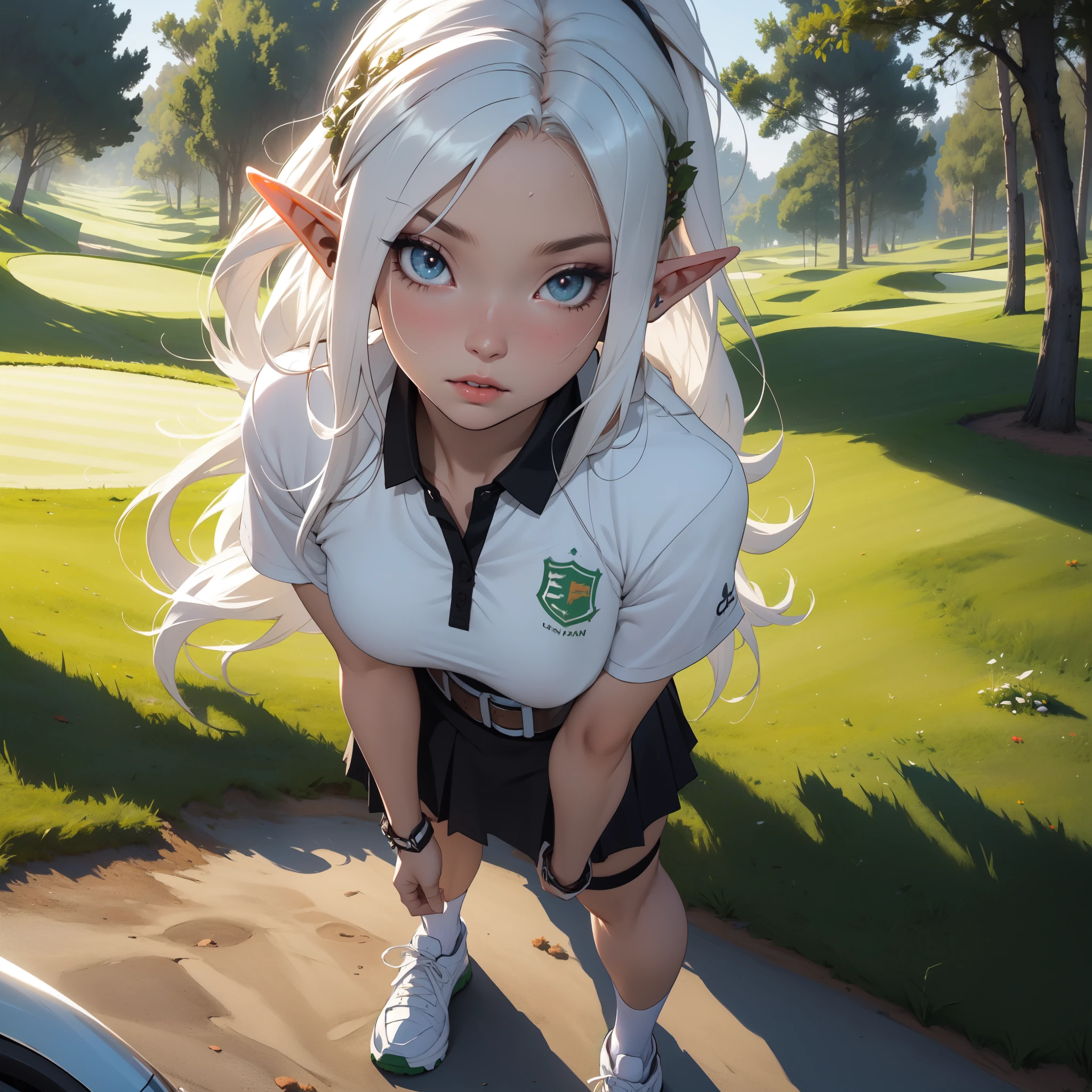 ((masterpiece)), (top quality), (best quality), ((ultra-detailed, 8k quality)), Cinematic lighting, soft semi-backlit light, (detailed line art), absurdres, (best composition), (high-resolution), Aesthetics,
BREAK,
(elf female), (detailed outfit), (20 years old), golfer, content, focused, (contrapposto), golf shirt, golf skirt, (golf visor cap), golf glove, golf shoes, sweat, atmospheric perspective,
BREAK,
(background, from front, outdoor, golf course, sand trap, trees, flag, morning, clear), cinematic dramatic atmosphere,
BREAK,
highly detailed of ((elf:1.4)), (1girl), solo, perfect face, details eye, ahoge, ponytail, (white shining hair:1.2), (forehead), medium hair, [[floating hair]], violet eyes, shining eyes, (beautiful detailed eyelashes, eyeshadow, pink eyeshadow), Concept art by Mikimoto Haruhiko, by Kawacy, By Yoshitaka Amano,
BREAK, 
((perfect anatomy)), (perfect body), Abs, (medium breast), perfect hands, perfect face, beautiful face, beautiful eyes, perfect eyes, (perfect fingers, deatailed fingers), correct anatomy, perfect legs, skinny, 
