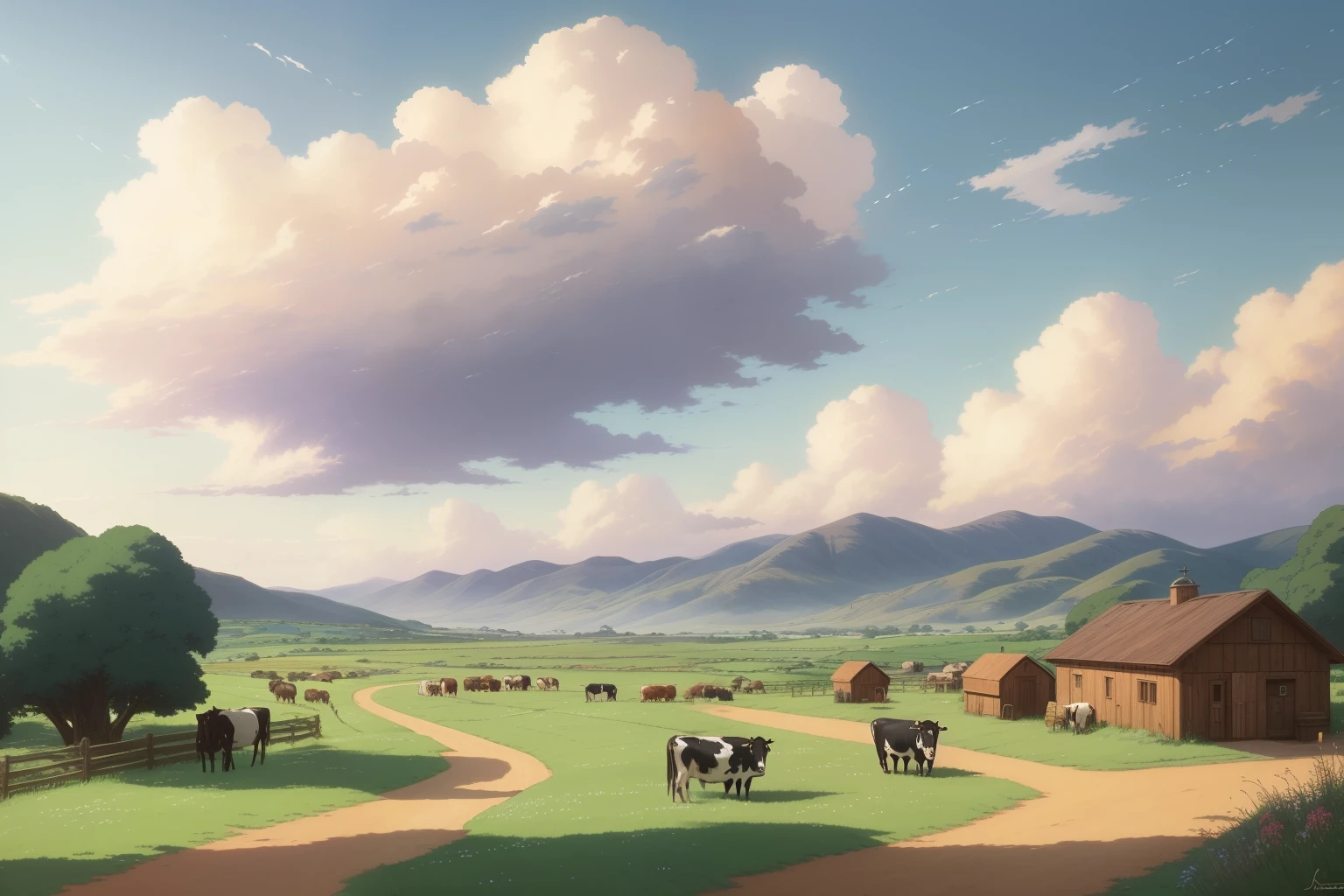 There is a picture of a dirt road with cows in the distance., Beautiful oil matte paint, Ultra-realistic clouds, wlop and Rados, Rados!!!, Rados!, studio ghibli sky, photorealistic landscape, Rados and thomas kinkade, surreal landscape, studio ghibli landscape, huge clouds, anime countryside landscape, by Raz