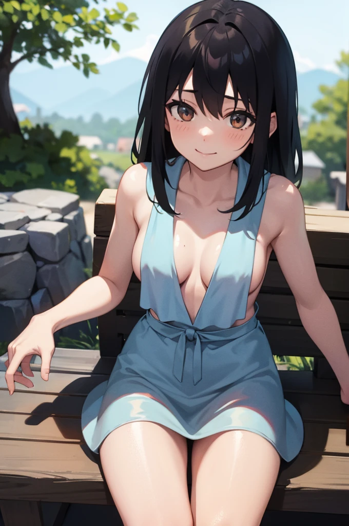 Himeyanagi Yukina 、BREAK medium breasts, legs crossed, sit, see the beholder, hot spring, stone, night, blush, smile,, Cross your legs, sitting down, look at the viewer, hot spring, stone, night, armpit, cowboy shot, view from above, look at the viewer, exposed肌, Muscle growth, exposed,naked, Towel on the body,black hair