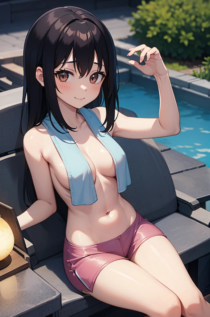 Himeyanagi Yukina 、BREAK medium breasts, legs crossed, sit, see the beholder, hot spring, stone, night, blush, smile,, Cross your legs, sitting down, look at the viewer, hot spring, stone, night, armpit, cowboy shot, view from above, look at the viewer, exposed肌, Muscle growth, exposed,naked, Towel on the body,black hair