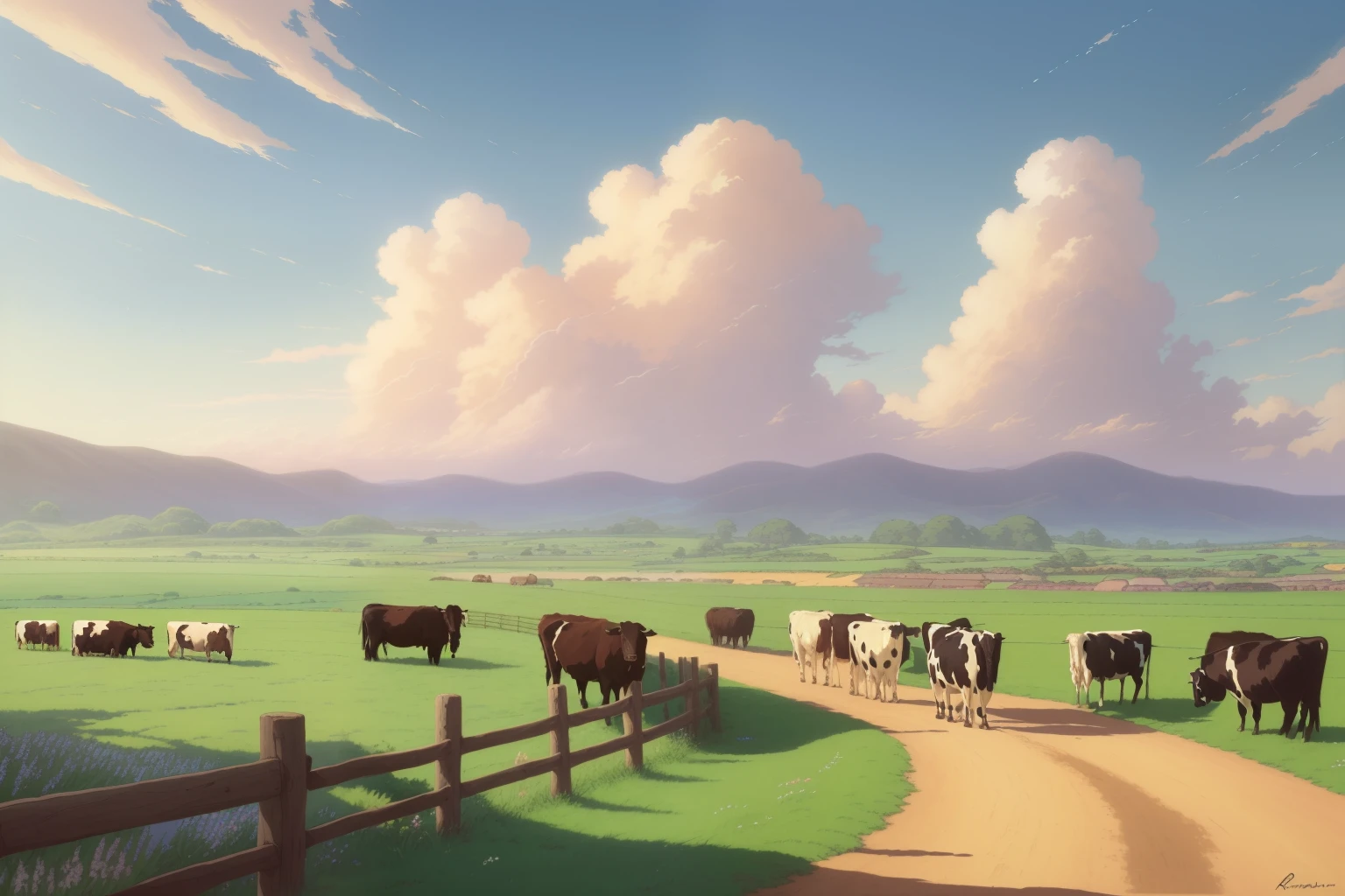 There is a picture of a dirt road with cows in the distance., Beautiful oil matte paint, Ultra-realistic clouds, wlop and Rados, Rados!!!, Rados!, studio ghibli sky, photorealistic landscape, Rados and thomas kinkade, surreal landscape, studio ghibli landscape, huge clouds, anime countryside landscape, by Raz