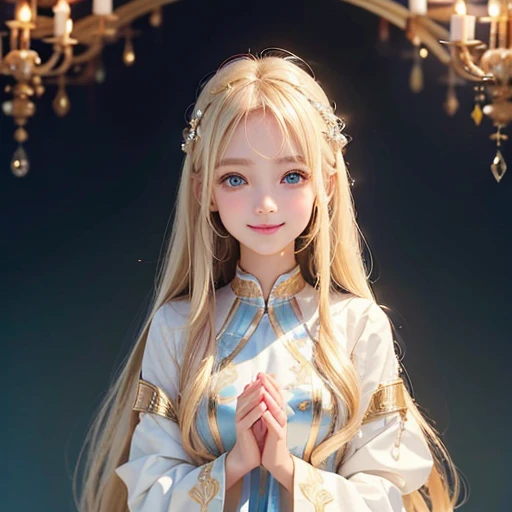 one very beautiful cute young girl、10 years old、((very happy smile ))、Embarrassed blush、Beautiful very long shiny blonde straight hair with golden shine、Shiny and very beautiful pure white skin、Very beautiful and cute pale blue detailed eyes、shiny skin、 Very beautiful cute face、Beautiful cute bright look、Clear double eyelids、beautiful cute big eyes、A perfectly balanced face