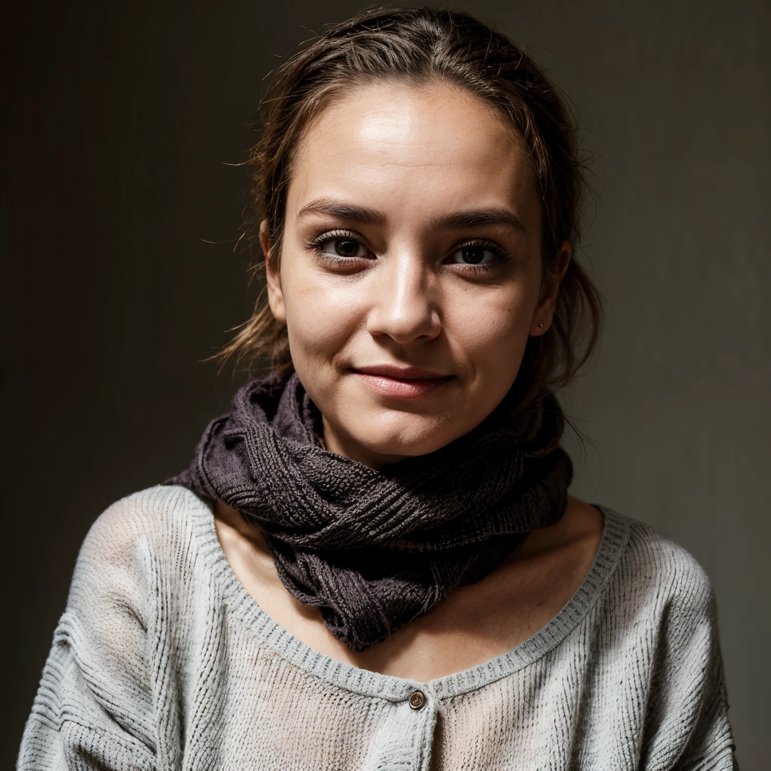 woman without makeup on her face and without smiling:: woman with wrinkles on her forehead:: wrinkles on her eyes:: dark circles:: imperfections on the face:: wearing Sweater with a scarf