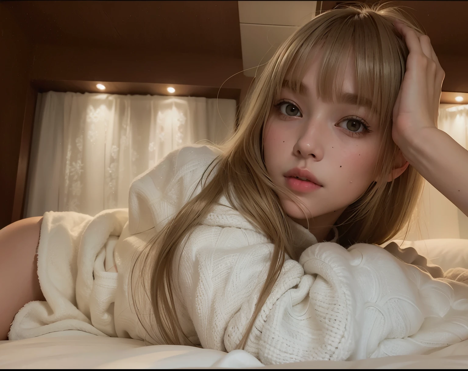blond haired girl laying in bed with white blanket and white blanket, lalisa manobal, white bangs, soft flawless pale skin, long hair with bangs, long hair with full bangs, pale glowing skin, natural soft pale skin, posing in bed, soft pale white skin, dasha taran, fluffy bangs, long white hair and bangs, smooth pale skin