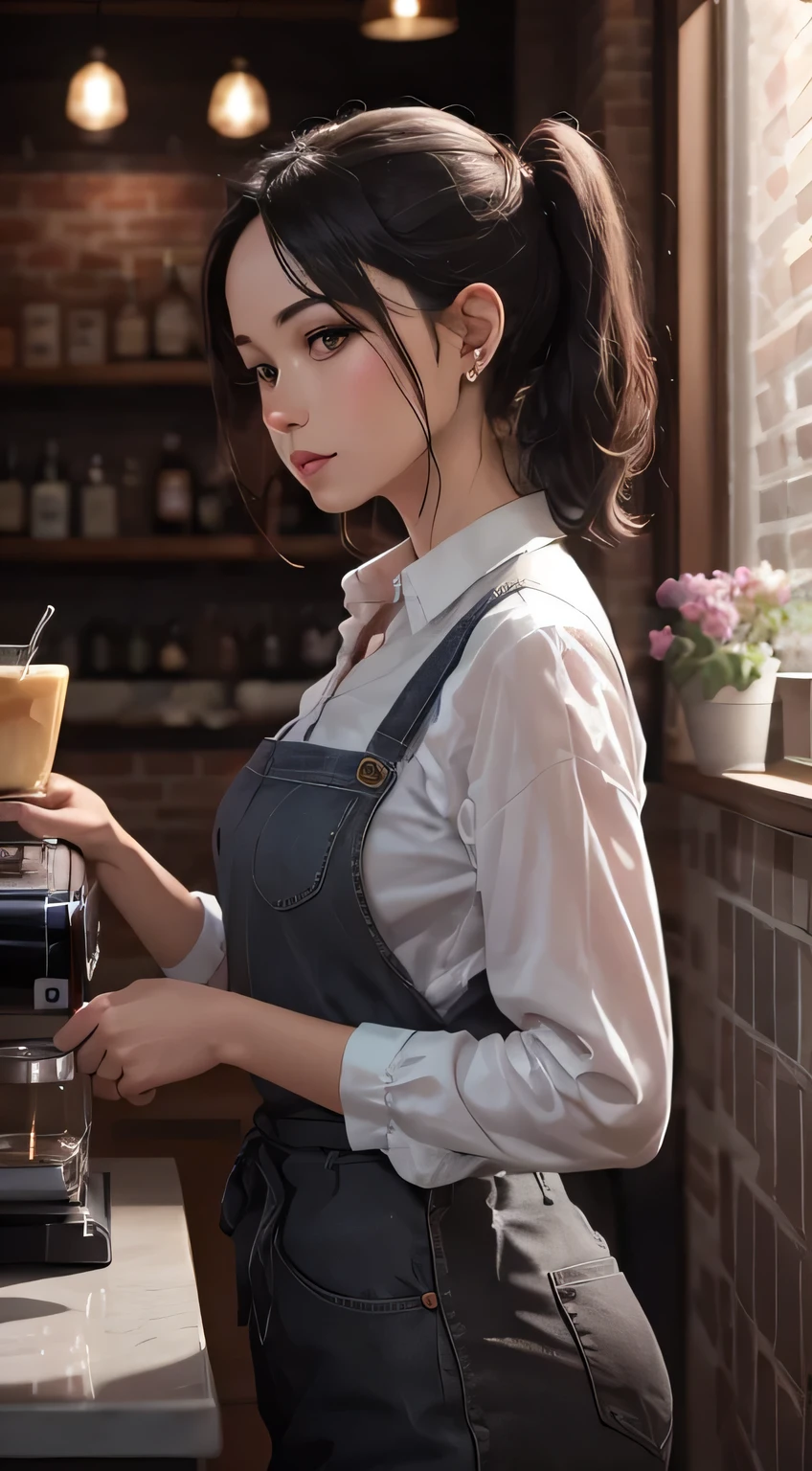 ((masterpiece)), ((highest quality)), (Super detailed), ((very detailed)), 4K, (8K), highest quality, (beautiful), Short black ponytail hair, gray eyes, barista