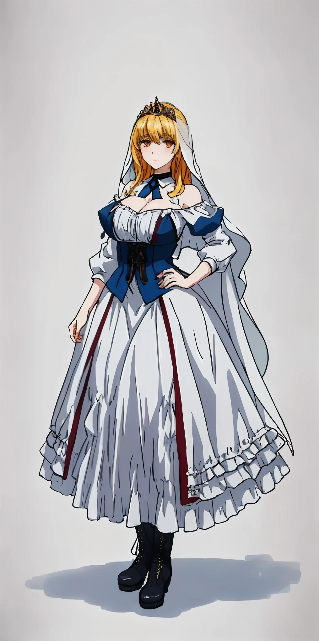 full body of a woman in a dress with a veil, feet together, standing feet together, militar boots, beautiful fantasy maiden slave warrior, beautiful fantasy art portrait, fantasy victorian art, medieval fantasy art, beautiful and elegant queen Roxxane, portrait of queen of light, fantasy portrait art, gothic fantasy art, a beautiful fantasy empress, ((white background)) hands on hips
