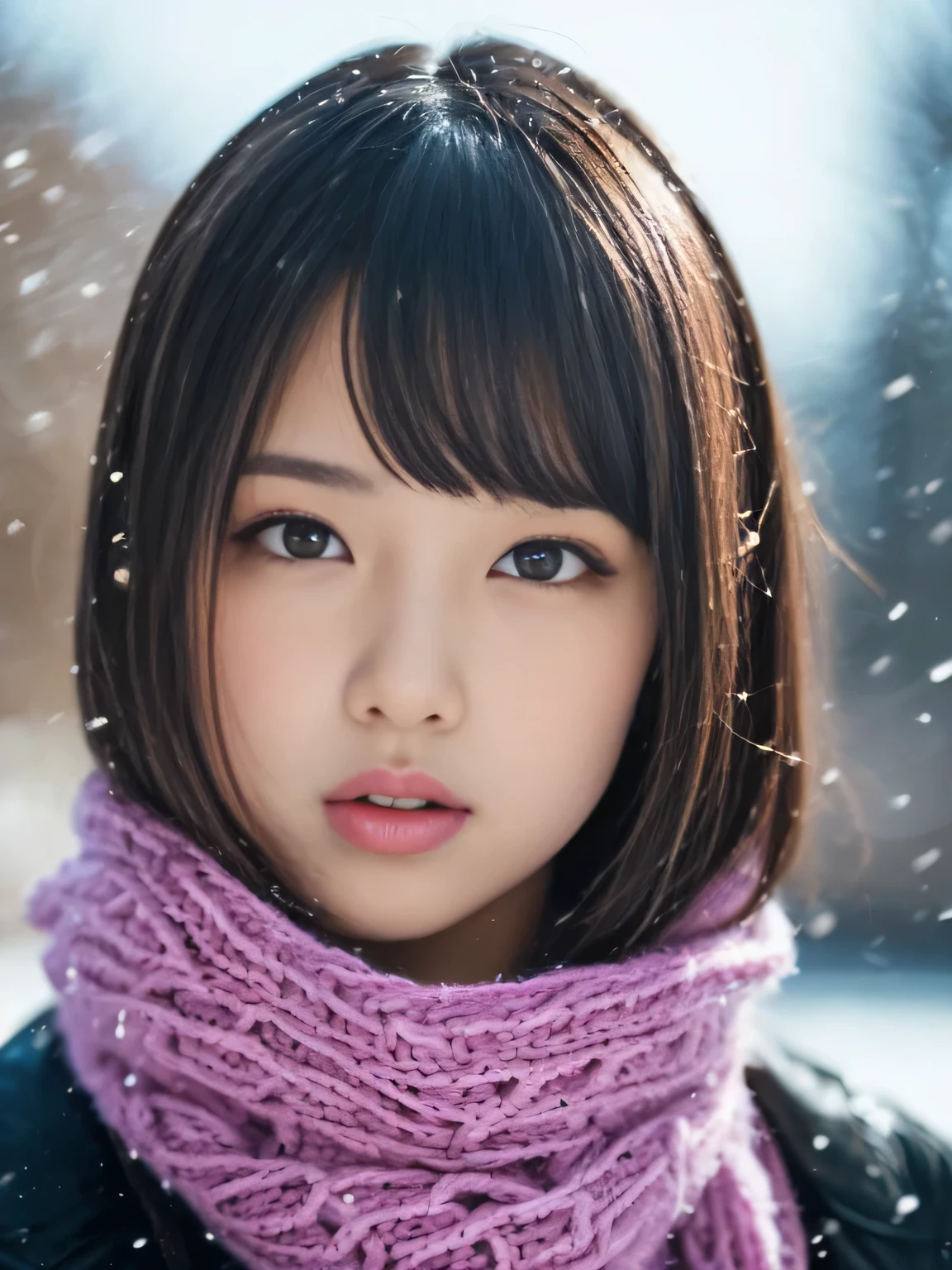 ((no makeup、close your mouth:1.2))、(realistic、Photoreal、Super detailed、best detailed skins、highest quality、masterpiece、ultra high resolution)、cute japanese woman、、high school girl、young girl、1 girl、have bangs、double eyelid、drooling eyes、Japanese style face、purity、double teeth、realistic肌タイプ、thick muffler、Grey muffler、fluffy hair、((hair is inside the scarf:1.3))、red cheeks、the wind is blowing、that'It's snowing、night、illumination、Light is coming in from behind