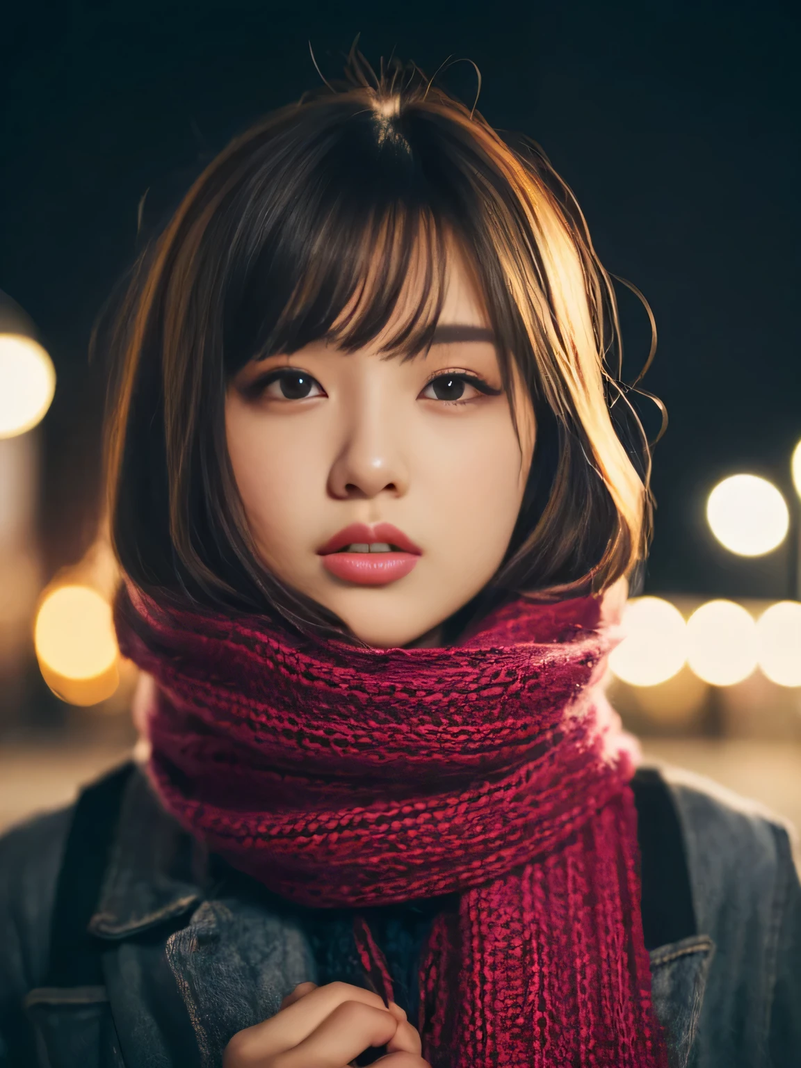 ((no makeup、close your mouth:1.2))、(realistic、Photoreal、Super detailed、best detailed skins、highest quality、masterpiece、ultra high resolution)、cute japanese woman、17 years old、high school girl、young girl、1 girl、have bangs、double eyelid、drooling eyes、Japanese style face、purity、double teeth、realistic肌タイプ、thick muffler、Grey muffler、fluffy hair、((hair is inside the scarf:1.3))、red cheeks、the wind is blowing、that&#39;It&#39;s snowing、night、illumination、Light is coming in from behind