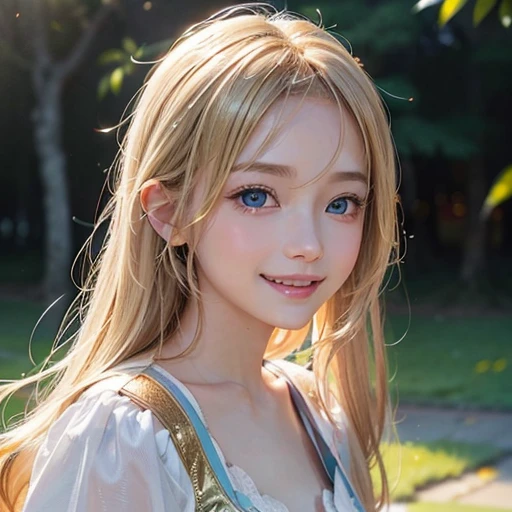 one very beautiful cute young girl、10 years old、((very happy smile ))、Embarrassed blush、Beautiful very long shiny blonde straight hair with golden shine、Shiny and very beautiful pure white skin、Very beautiful and cute pale blue detailed eyes、shiny skin、 Very beautiful cute face、Beautiful cute bright look、Clear double eyelids、beautiful cute big eyes、A perfectly balanced face, {rightward|facing left|positive}
