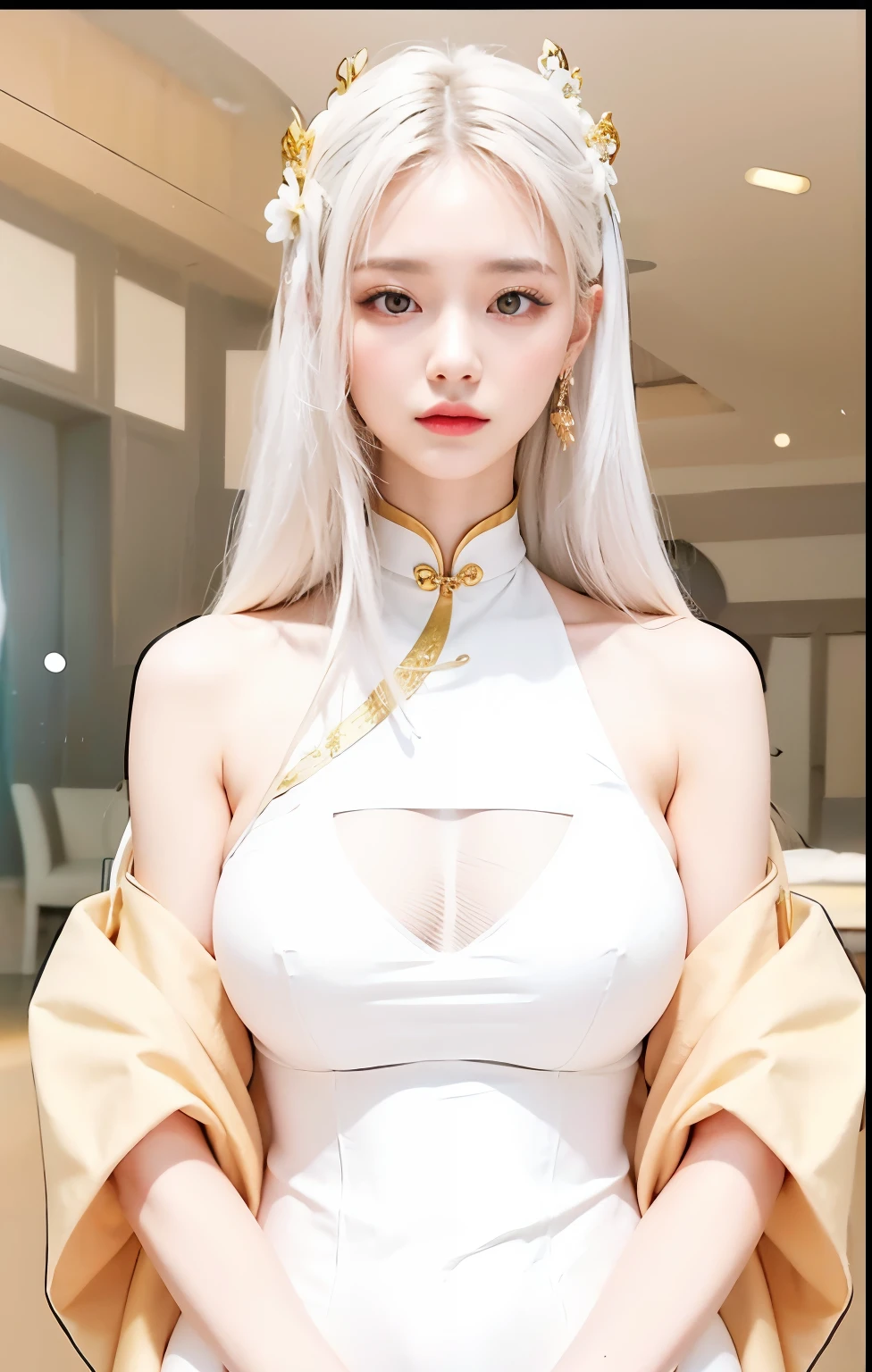 a close up of an elegant woman in a white dress, white, full body xianxia, side boob, sexy body, beautiful, skin tight clothes, yellow eyes, yellow softlens, realistic