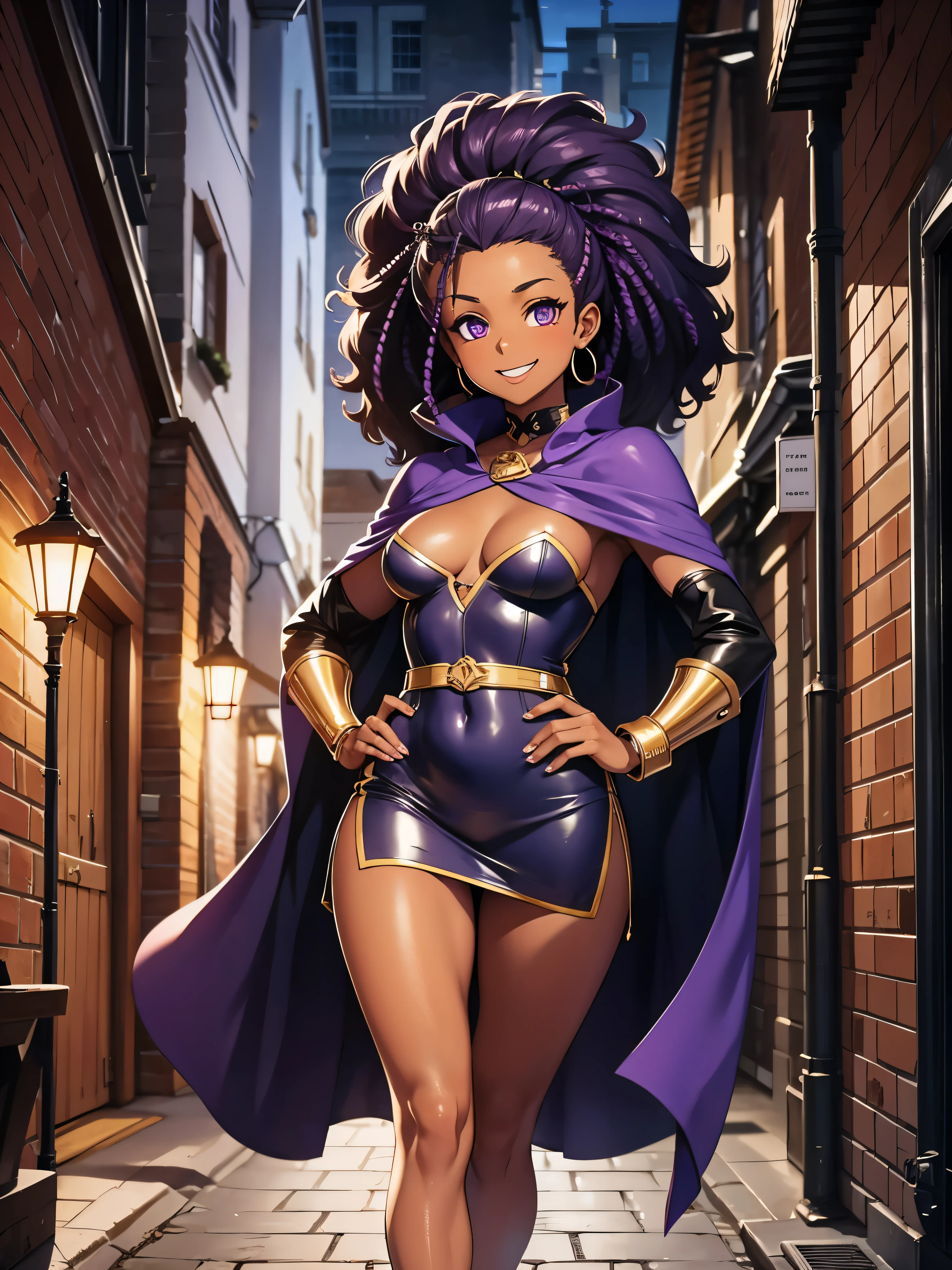 very dark brown skin, cute smile, purple clothing, purple hair, purple eyes, slim skinny body
