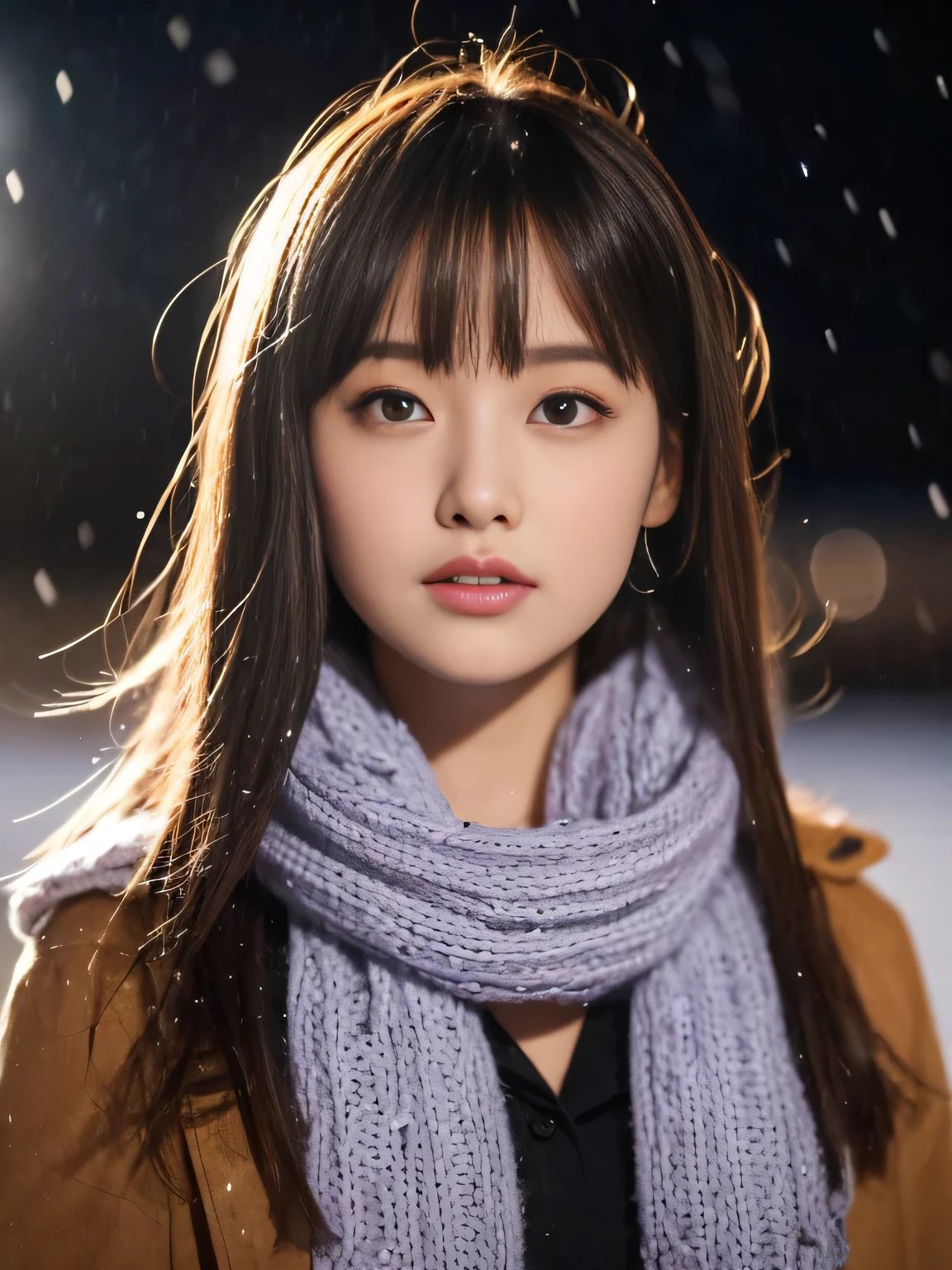 ((no makeup、close your mouth:1.2))、(realistic、Photoreal、Super detailed、best detailed skins、highest quality、masterpiece、ultra high resolution)、cute japanese woman、、high school girl、young girl、1 girl、have bangs、double eyelid、drooling eyes、Japanese style face、purity、double teeth、realistic肌タイプ、thick muffler、Grey muffler、fluffy hair、((hair is inside the scarf:1.3))、red cheeks、the wind is blowing、that'It's snowing、night、illumination、Light is coming in from behind