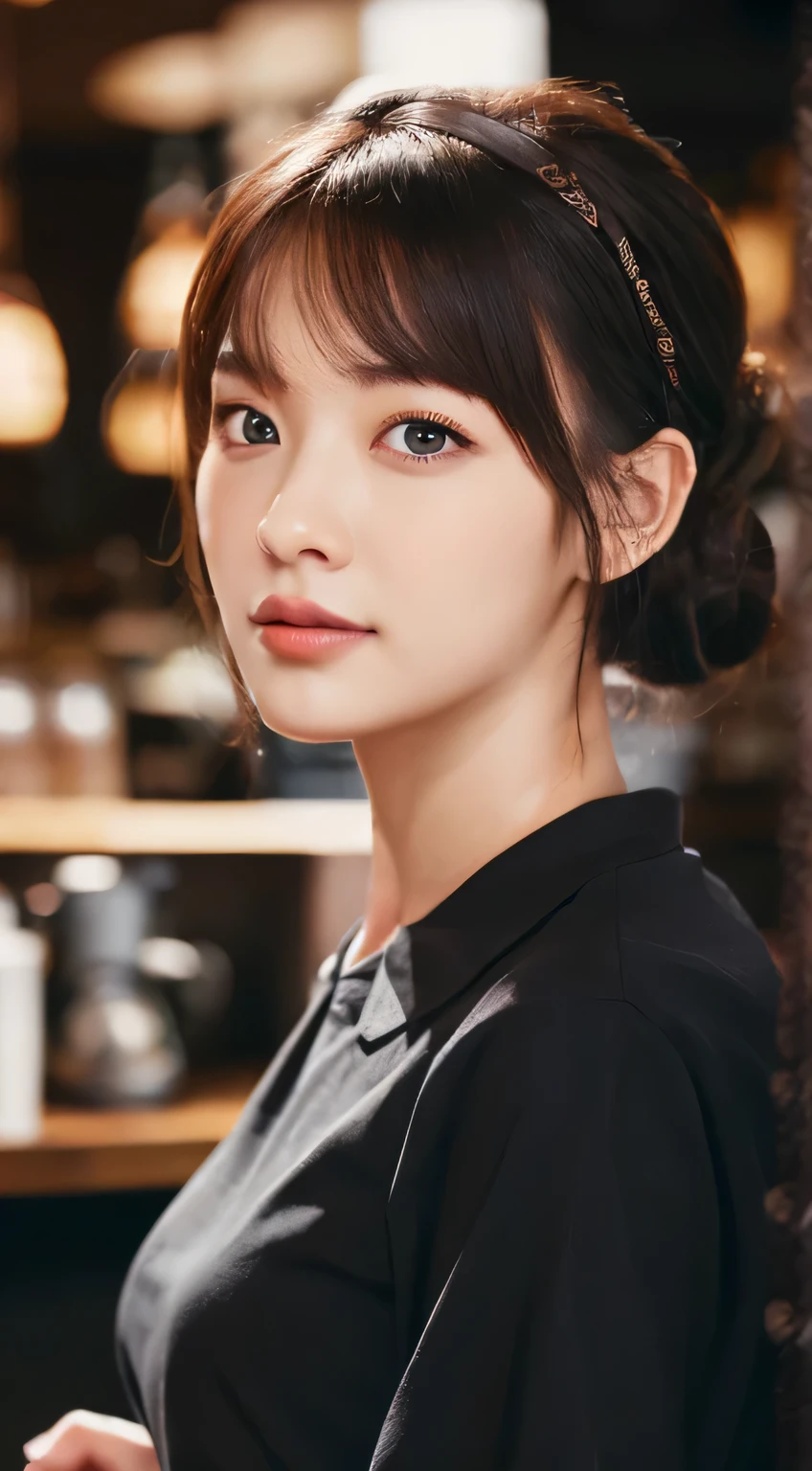((masterpiece)), ((highest quality)), (Super detailed), ((very detailed)), 4K, (8K), highest quality, (beautiful), Short black ponytail hair, gray eyes, barista