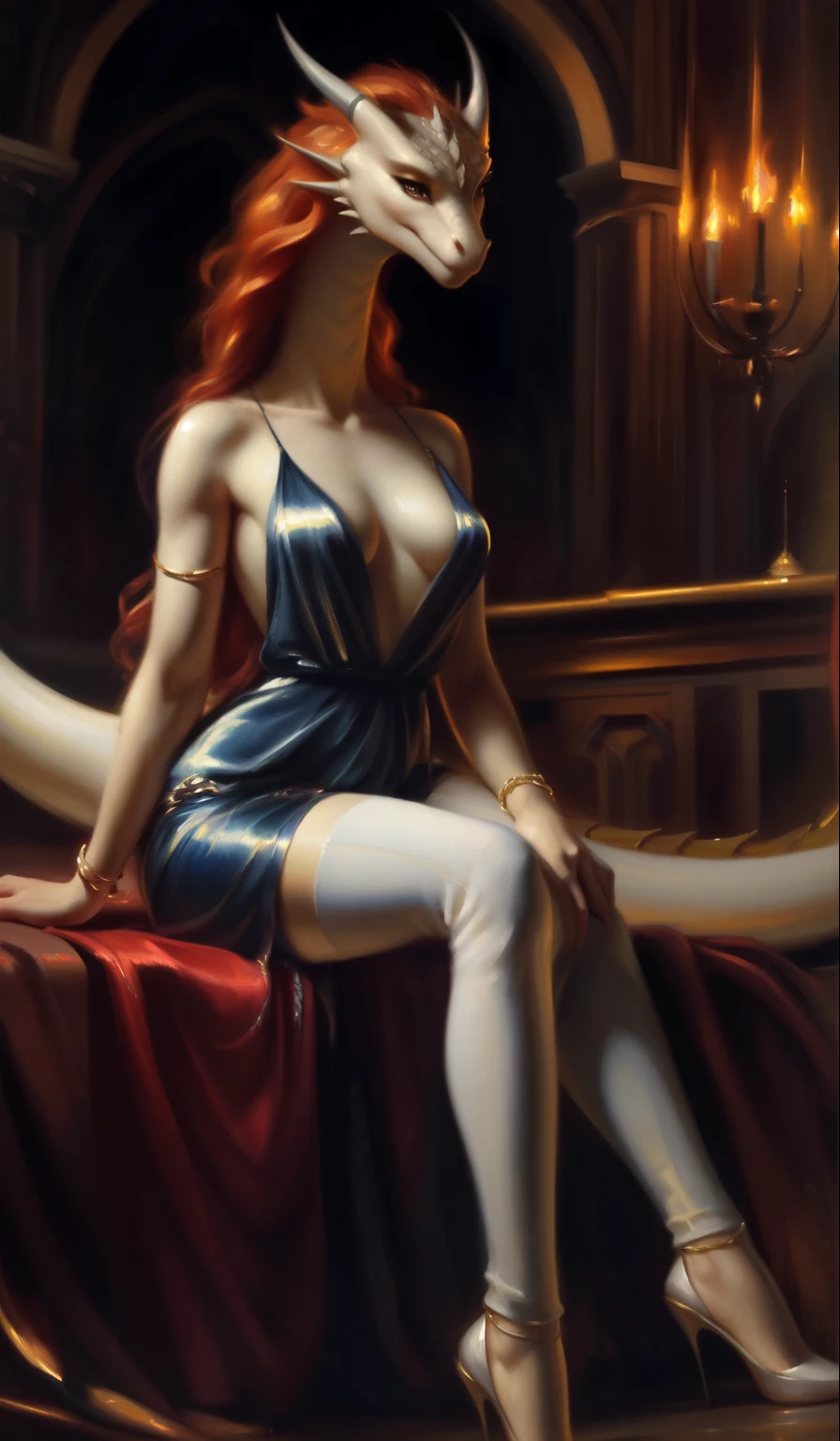 uploaded to e621, by Pixelsketcher, from Bayard Wu, Thomas Benjamin Kennington , from Einhelm, One second, ((Full Length, Master plan)),(detailed lighting of Bonifasco), (Detailed scales), (Detailed skin), ((long, graceful white tail)), (flowing red curly hair)), ((detailed information)), [Ambient light],  [explicit content], [Sharp Focus], (questionable content), (shaded), ((masterpiece), hiss, flowing long hair, Chest of medium scales, Fluffy multi-colored the Dragon, Dragon Face, furry fantasy art, furry art, high resolution commission, second art, art,Sakimichan is beautiful, masterpiece, Best quality, detailed depiction, bright colors, Detailed face, perfect lighting, Perfect shadows, Perfect eyes, focus on the girl, the Dragon eyes, flawless face, (( graceful white tail)) the Dragon, bright skin, dragon girl, can be solved, Scaly Women, ((White skin, snow-white scales)), Dragon's nose, Large long muzzle, Multi-colored scales, look at the viewer, half-closed eyes, One, (masterpiece), (Best quality), (illustration), long red curly hair, Detailed scales, Balanced coloring, Global illumination, ray tracing, good lighting, scales, second, Showing breasts, split, I&#39;m looking at the viewer, Seductive look, nsfv, elegant seducing pose, (The highest level of medieval interior), ((slim and very built, elegant clothes, long slender legs, Long neck)), oil painting, style by italian artist Pino Daeni, Beautiful girl, the wind blows her hair, rose petals, like snowfall, full height, short chiton above mid-thigh, thin waist,  big eyes, very long eyelashes, golden jewelery, diamond earrings, Gold bracelets, long beautiful legs, , Ultra high quality model, чистое Detailed face, Exquisite clothing, white stockings, Transparent nightgown