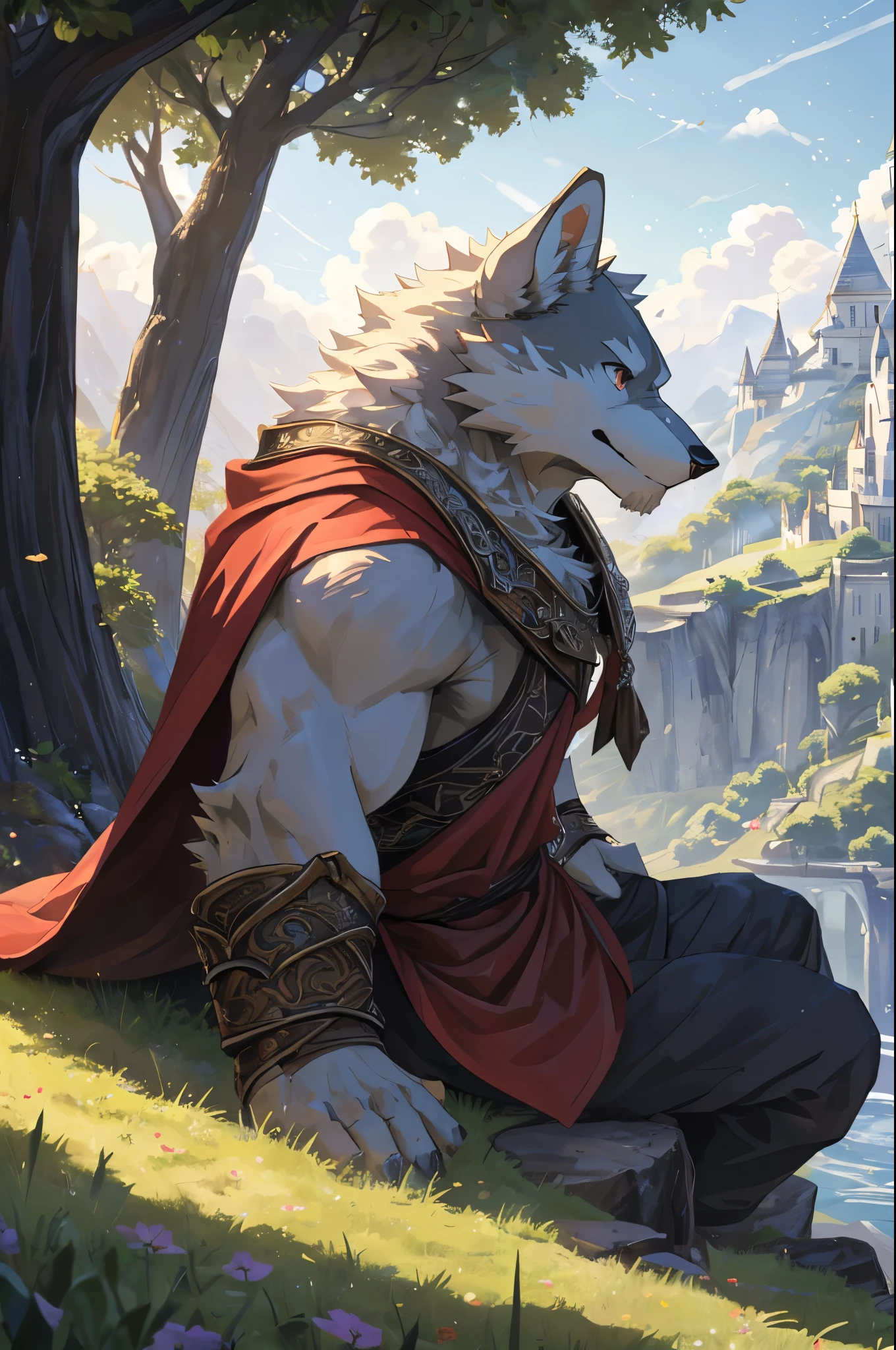 Anthro((dramatic))epic, dynamic pose, One scene of movie, An extreme perspective with a powerful composition, absurdres, Perfect Anatomy, magnificent picture of kemono fighting fierce battles, (ultra detailed), sharp focus, niji, eyesgod, black eye, furry, light-white fur, brown fur, white beard, anthro (wolf), male, middle-aged, gray body, white belly, tail, muscular, knight costume, long red cherry cloak, ultra detailed face, depth of field, motion blur, high details, high quality, award winning, HD, 16k, (best quality,4k,8k,highres,masterpiece:1.2),ultra-detailed,realistic:1.37,HDR,UHD,studio lighting,extreme detail description,professional,vivid colors,bokeh,lively atmosphere, natural lighting, wide view, soft color tones, (vibrant colors), (subtle lighting), (natural, realistic), (serene atmosphere), (peaceful mood), (gentle breeze), (harmonious composition), (distant horizon), (ethereal beauty), (serene landscape), (dreamlike scenery), (tranquil setting), (calming ambiance), (impressionistic style), (captivating scenery), (sublime beauty), (timeless elegance), (evocative atmosphere), (majestic vista), (gentle pastel hues), (serenity and tranquility), (sit on the lawn:1.5), looking up the sky, (castle at distance:1.2), (tree nearby:1.4), (close up:1.5)