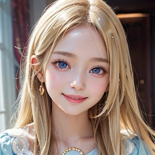 one very beautiful cute young girl、、((very happy smile ))、Embarrassed blush、Beautiful very long shiny blonde straight hair with golden shine、Shiny and very beautiful pure white skin、Very beautiful and cute pale blue detailed eyes、shiny skin、 Very beautiful cute face、Beautiful cute bright look、Clear double eyelids、beautiful cute big eyes、A perfectly balanced face, {rightward|facing left|positive}