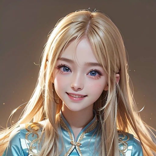 one very beautiful cute young girl、10 years old、((very happy smile ))、Embarrassed blush、Beautiful very long shiny blonde straight hair with golden shine、Shiny and very beautiful pure white skin、Very beautiful and cute pale blue detailed eyes、shiny skin、 Very beautiful cute face、Beautiful cute bright look、Clear double eyelids、beautiful cute big eyes、A perfectly balanced face, {rightward|facing left|positive}