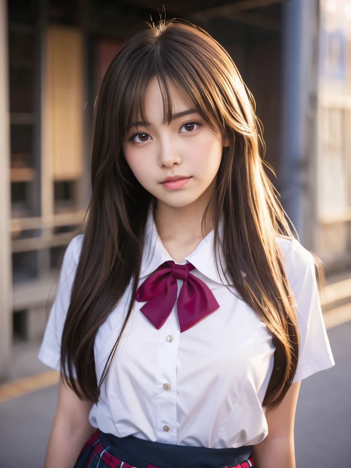 bokeh, masterpiece, analog photo, RAW, beautiful high school girl, Stewardes uniform, Light brown long hair, Light brown beautiful eyes, Blushed face, (Japanese idol:1.5), Medium breast, Stewardes, Looking at the viewer, cowboy shot, sundown Airport, 