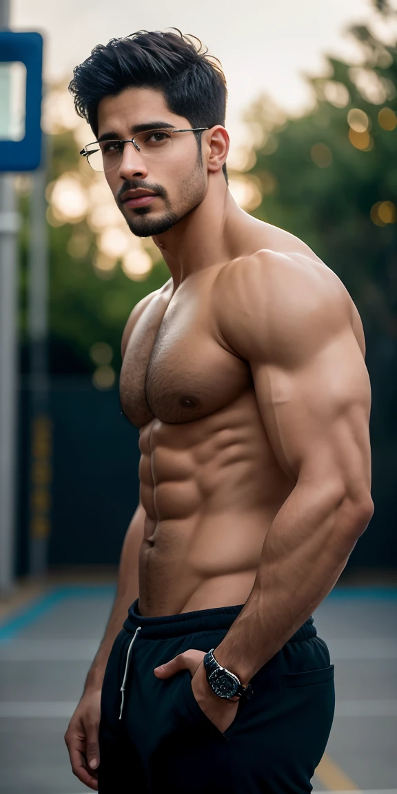 handsome guy, Sidharth Malhotra, Hairy chest, , Wears transparent glasses, beard, buzz clip, naked,Plump your pectoral muscles,Sexy and charming expression,Gloomy eyes,Basketball court outside, ((Slim, muscular)), photoactual, photo, masterpiece, actual, realism, photorealism, high contrast, photoactual digital art trending on Artstation 8k HD high definition detailed actual, detailed, Texture, hyper detailed, actual Texture, armature, best quality, 超high resolution, (photoactual:1.4),, high resolution, detailed, raw photo, Sharp Re, by lee jeffries nikon d850 film stock photograph 4 kodak portra 400 camera f1.6 lens rich colors hyper actual lifelike texture dramatic lighting unrealengine trending on artstation cinestill 800,