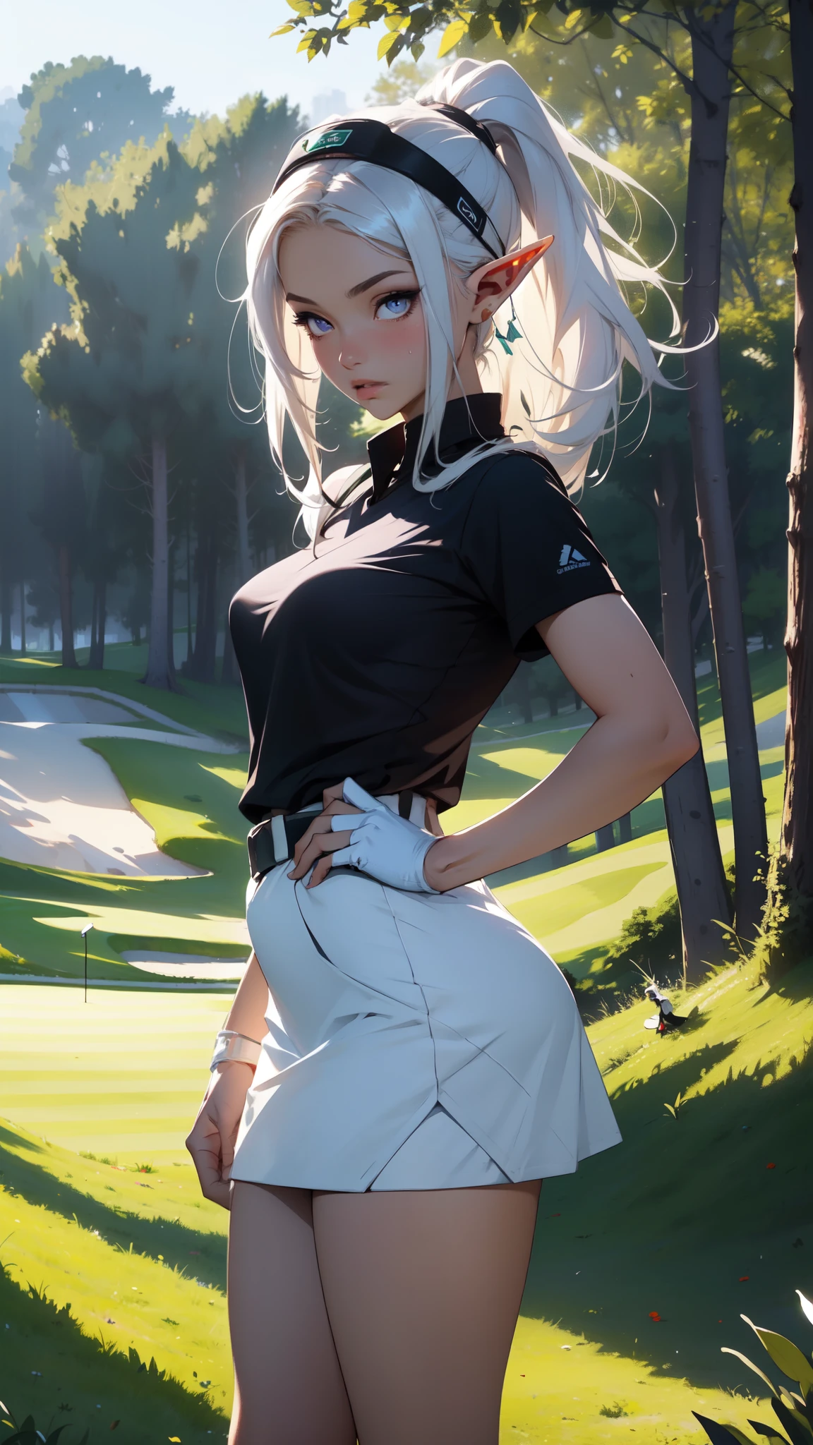 ((masterpiece)), (top quality), (best quality), ((ultra-detailed, 8k quality)), Cinematic lighting, soft semi-backlit light, (detailed line art), absurdres, (best composition), (high-resolution), Aesthetics,
BREAK,
(elf female), (detailed outfit), (20 years old), golfer, content, focused, (contrapposto), golf shirt, golf skirt, (golf visor cap), golf glove, golf shoes, sweat, atmospheric perspective,
BREAK,
(background, from front, outdoor, golf course, sand trap, trees, flag, morning, clear), cinematic dramatic atmosphere,
BREAK,
highly detailed of ((elf:1.4)), (1girl), solo, perfect face, details eye, ahoge, ponytail, (white shining hair:1.2), (forehead), medium hair, [[floating hair]], violet eyes, shining eyes, (beautiful detailed eyelashes, eyeshadow, pink eyeshadow), Concept art by Mikimoto Haruhiko, by Kawacy, By Yoshitaka Amano,
BREAK, 
((perfect anatomy)), (perfect body), Abs, (medium breast), perfect hands, perfect face, beautiful face, beautiful eyes, perfect eyes, (perfect fingers, deatailed fingers), correct anatomy, perfect legs, skinny, 