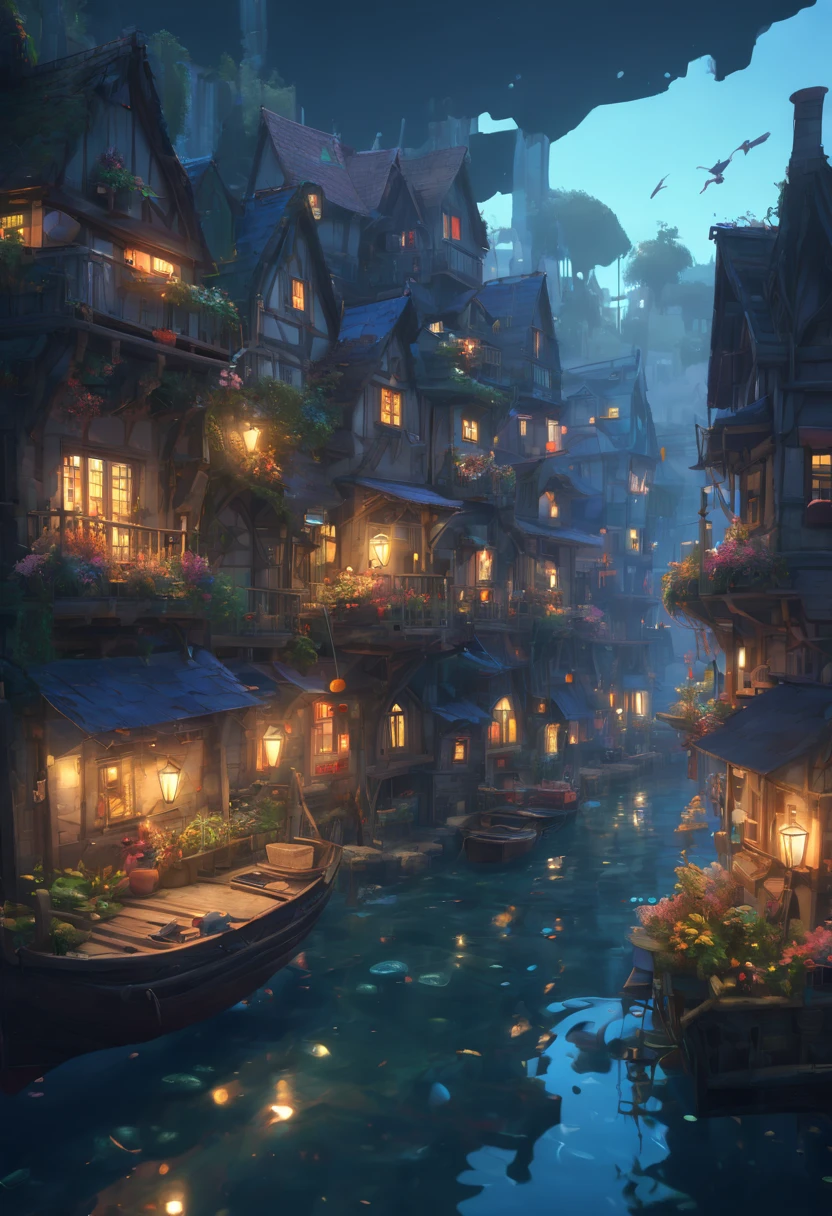 Color (fantasy: 1.2), (in style of hayao miyazaki), (Irregular buildings floating in the sea), patchwork cottages, floral decorations, lamp lights, concept art inspired by Andreas Rocha, Artstation contest winner, Fantasy art, (an underwater city), ross tran, light shafts, Realistic lighting, Masterpiece, High quality, Beautiful graphics, High detail, Masterpiece, High quality, Beautiful graphics, High detail, --V6