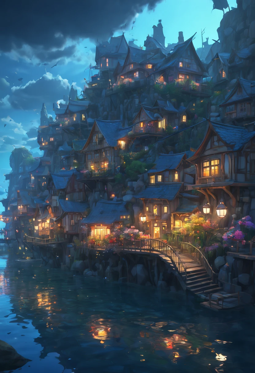 Color (fantasy: 1.2), (in style of hayao miyazaki), (Irregular buildings floating in the sea), patchwork cottages, floral decorations, lamp lights, concept art inspired by Andreas Rocha, Artstation contest winner, Fantasy art, (an underwater city), ross tran, light shafts, Realistic lighting, Masterpiece, High quality, Beautiful graphics, High detail, Masterpiece, High quality, Beautiful graphics, High detail, --V6