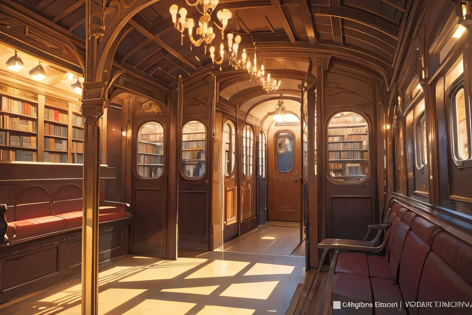 Craft a mesmerizing illustration where train carriages transform into a library, exuding a nostalgic and intricate ambiance throughout. Ensure a high-quality output by paying attention to detail. Capture the seamless fusion of transportation and knowledge, with each carriage serving as a portal to literary realms. Emphasize the cozy atmosphere within the carriages, with warm lighting and comfortable seating inviting passengers to immerse themselves in books. Detail the exterior of the train, blending the sleek lines of modern transportation with the timeless charm of a classic library facade. Aim for a composition that sparks imagination and evokes a sense of wonder, as passengers embark on a literary journey through the pages of history. best quality, masterpiece