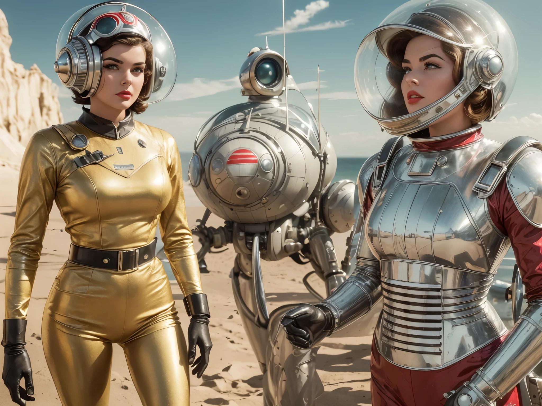 Raw photo,Best Quality, master piece,high resolution,detailed,(Photorealsitic:1.4),Well-defined contours,1950retrofuturism、1950s retro science fiction drama、wore a strange helmet、50&#39;s retro-futuristic fashion clothes,young woman、perfect face、beautiful ,(50&#39;s retro-futuristic fashion clothesを着た(male))、sunlight,realistic shadow,realistic wilderness background,cinematic lighting, and 50&#39;s retro-futuristic robots、Robby the Robot、Buck Rogers、Flesh Gordon、BARBARELLA、Forbidden Planet、Lost in Space