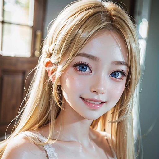one very beautiful cute young girl、6 years old、((very happy smile ))、Embarrassed blush、Beautiful very long shiny blonde straight hair with golden shine、Shiny and very beautiful pure white skin、Very beautiful and cute pale blue detailed eyes、shiny skin、 Very beautiful cute face、Beautiful cute bright look、Clear double eyelids、beautiful cute big eyes、A perfectly balanced face, {rightward|facing left|positive}