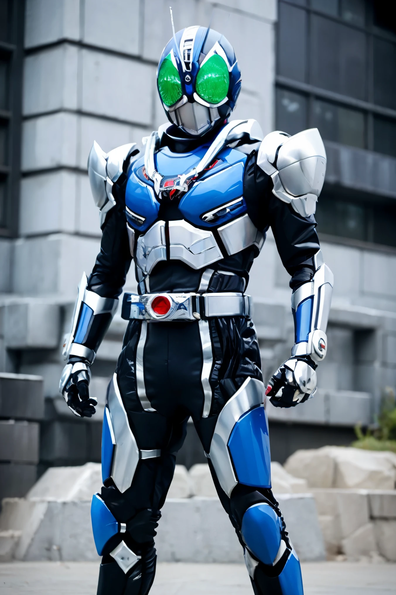 Blue Kamen Rider, silver armor, Gray and black clothes, Blue Tech Suit, spy, robot