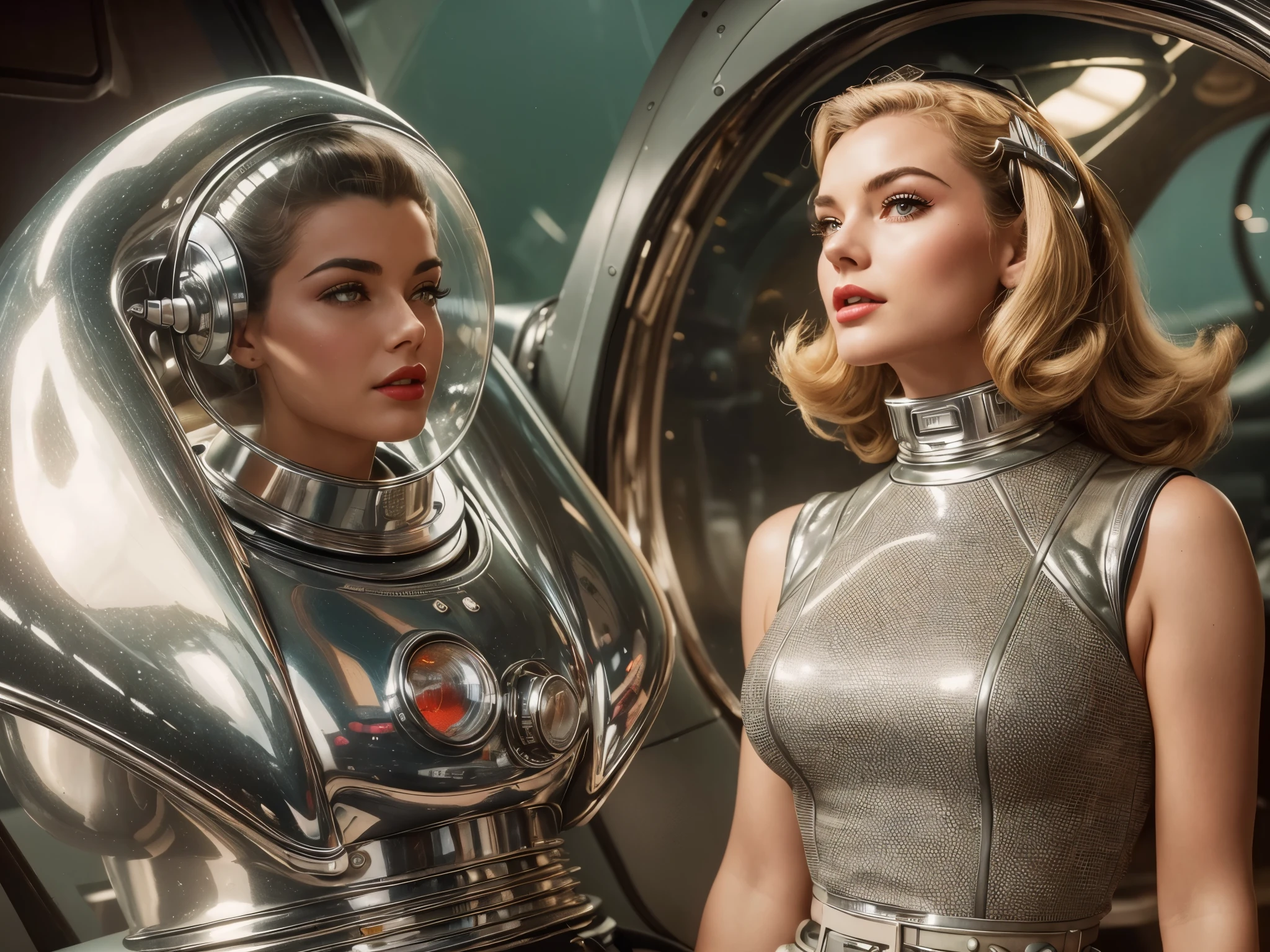 Raw photo,Best Quality, master piece,high resolution,detailed,(Photorealsitic:1.4),Well-defined contours,1950retrofuturism、1950s retro science fiction drama、wore a strange helmet、50's retro-futuristic fashion clothes,young woman、perfect face、beautiful ,(50's retro-futuristic fashion clothesを着た(male))、sunlight,realistic shadow,realistic wilderness background,cinematic lighting, and 50's retro-futuristic robots、Robby the Robot、Buck Rogers、Flesh Gordon、BARBARELLA、Forbidden Planet、Lost in Space