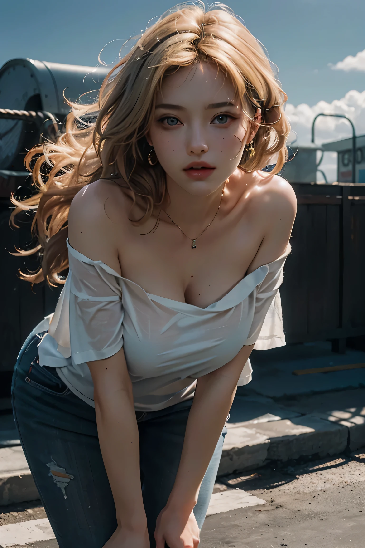 Best quality, masterpiece, ultra high resolution, (photorealistic: 1.4), sexy photo, 1girl curly blonde hair, sexy mouth,large spare breasts hurried by neckline, open clothing with neckline, off shoulder, cinematic lighting,(Best quality, 8k, 32k, masterpiece, UHD: 1.2), photo of beautiful american woman, long matted blonde hair, beauty face, (leaning forward: 1.3), squat, (top: 1.2), (close up: 1.4), POV, loose t-shirt, large breasts, (beautiful nipple slide: 0.9), outdoors, windy, shiny skin, blurry background,
