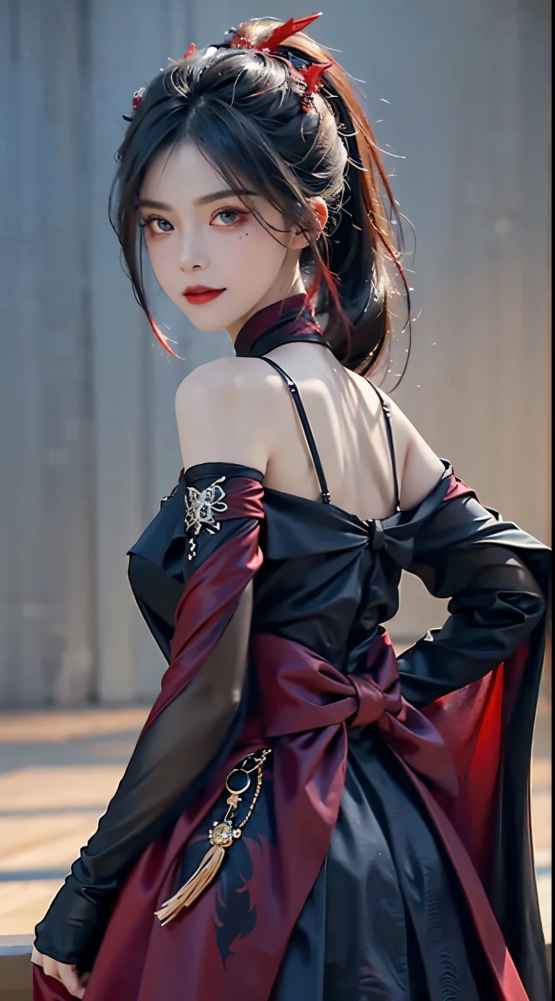1 Beautiful demon woman from hell, in the darkness: 1.6), 大卫霍克尼和阿尔方斯穆夏的Surreal女性portrait, fantasy art, korean doll, photorealism, dynamic lighting, art station, poster, Volumetric lighting, The facial details are particularly rich, 8k ultra, won, in the darkness, deep shadow, low profile, denim lenses, (red phoenix dress: 1.4), long hair, black hair, broken to pieces, luxurious palace, royal style, Demon Crown, Red eye makeup is very sharp and detailed, the most beautiful face, The breasts are big and round, Surreal, Chinese women's clothing, polo neck sweater, charming smile, Eye makeup is very good, guweiz, demonic style, Wearing black fishnet stockings, ponytail,Tie a bow at the back of your hair, red and black lips, Devil tattoo on the shoulder, Wearing a thin red and black robe, The weather is gloomy and thunderous, (portrait), Protagonist close-up, (Background lower bound details 1.8),north african trade zone, north african trade zone, 8K quality, detailed pixels,