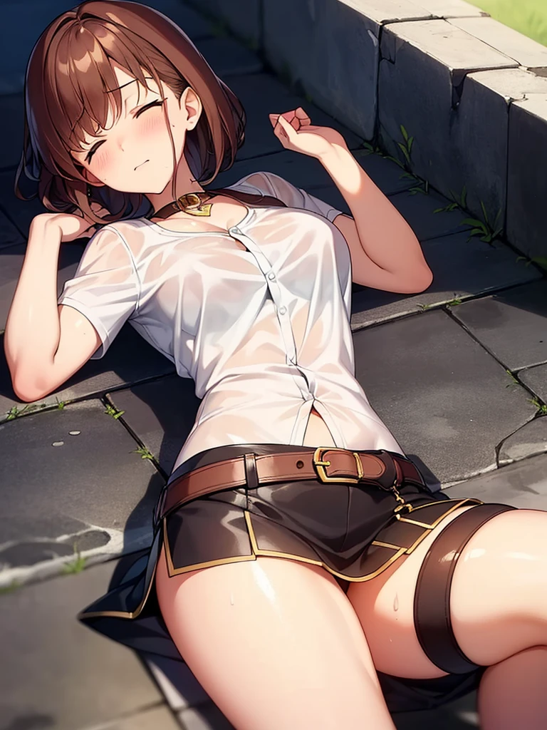 (lying on the ground:1.3), ((From above)), 1 girl, ((blush:1.2)), ((Fully closed eyes:1.2)), ((raise your arms)), ((I was touched in a strange place)), ((raise your chin:1.2)), soft and massive breasts, round chest, ((tight clothes)), Tight-fitting clothes, ((long and thin legs)), ((thin waist)), thick thighs, ((Panty shot)), hairpin, from knees to overhead, Beautiful woman, beautiful face, wet shirt, Close your legs