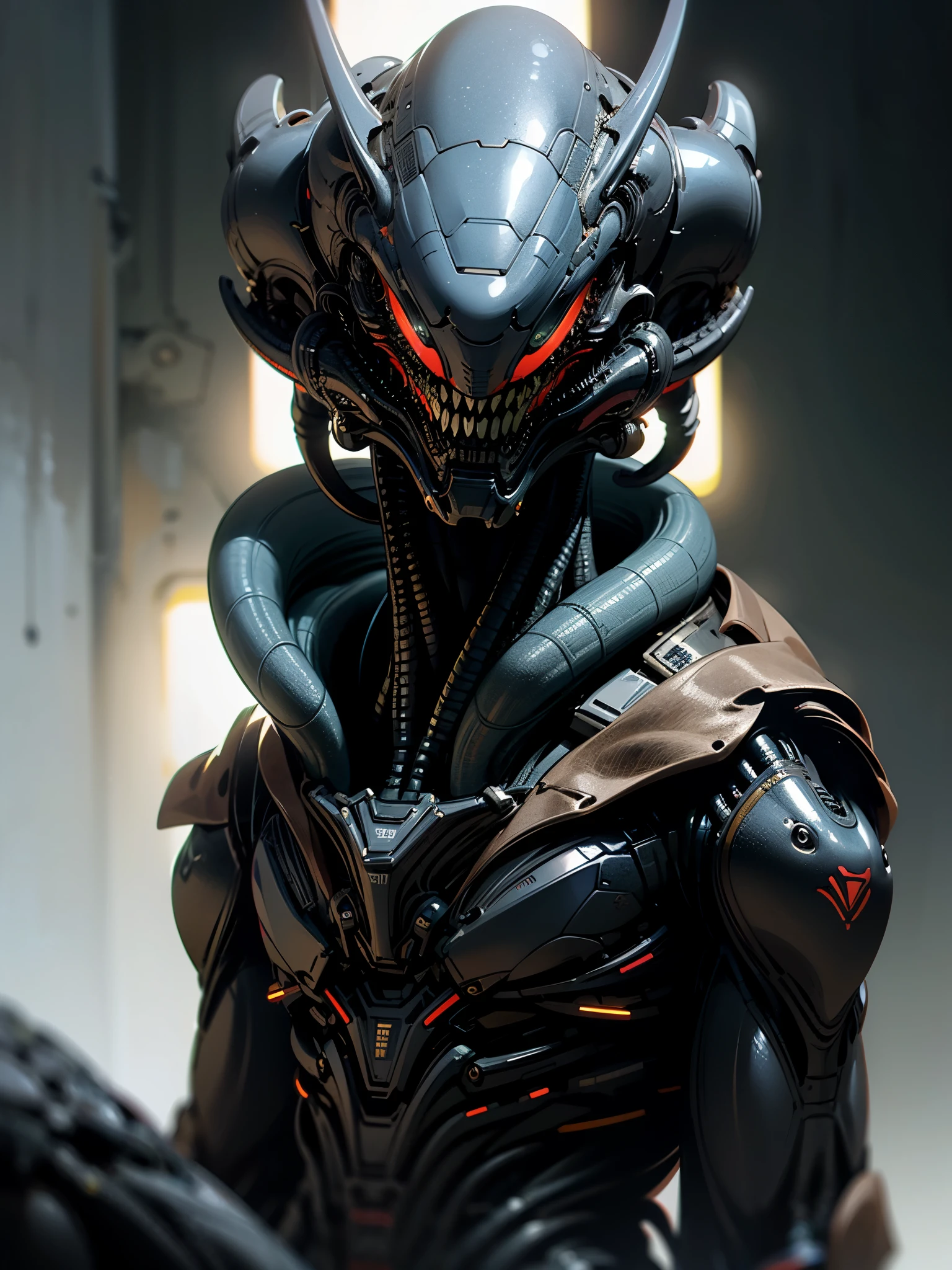 realistic cinematic close up portrait of a xenomorph, sharp focus, photorealistic, 8k, best quality, detailed skin texture, intricate biomechanical details, ominous lighting, dramatic shadows, cold color palette, chiaroscuro lighting, sinister atmosphere