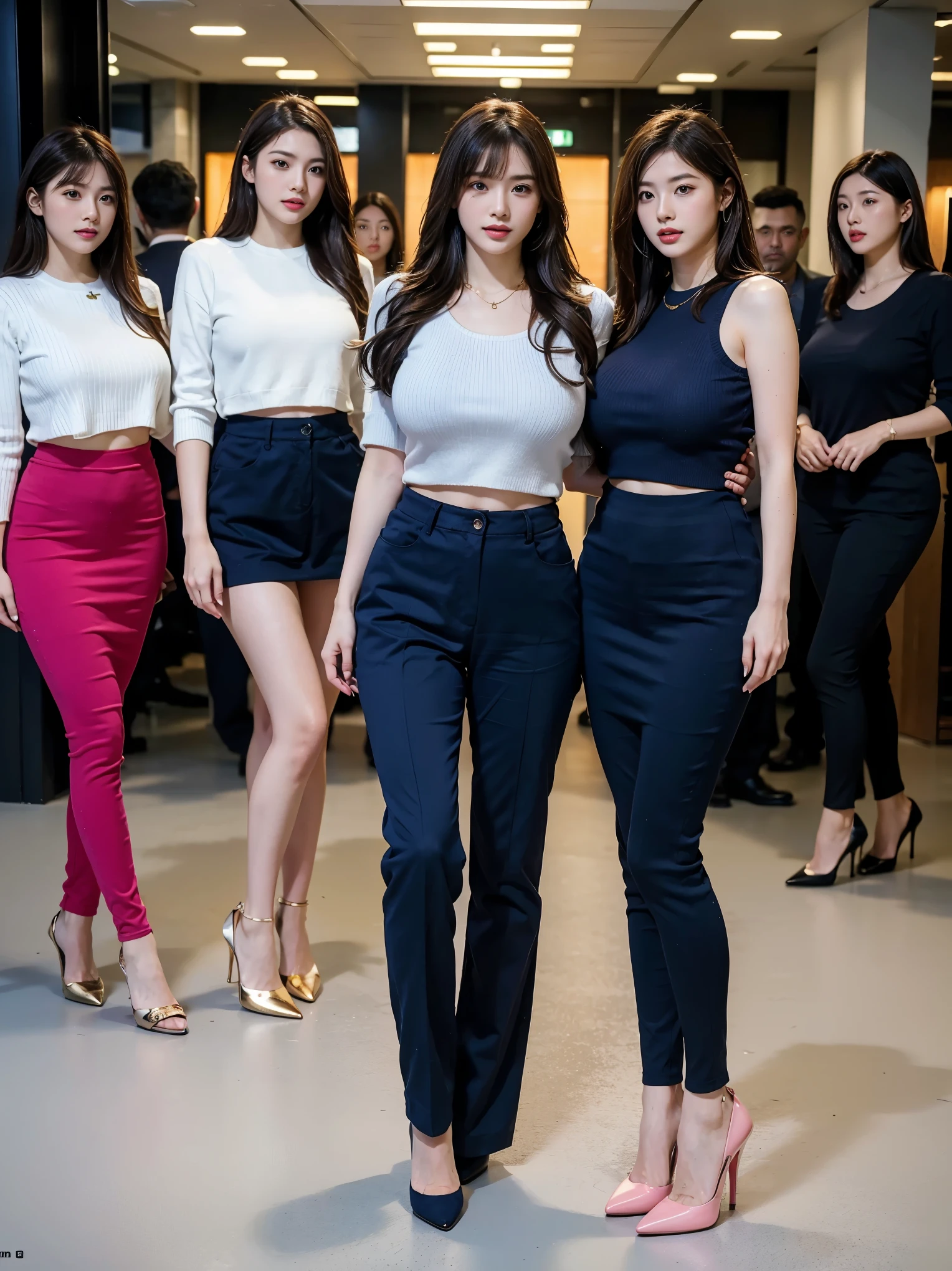(Best Quality, Masterpiece, Photo realistic, Ultra Detailed, ultra high res, raw:1.3), (5 girls+, group shot:1.2), beautiful, Japanese, mature, 28yo, office workers, ({gold| silver| wine red| blue| navy| pink} clothes:1.3), (tight knit sweater, mile), long hair, (bangs), high-waist, necklace, (at IT office), (long legs, high heels, full body:1.2), (big breasts:1.3), (crowd)